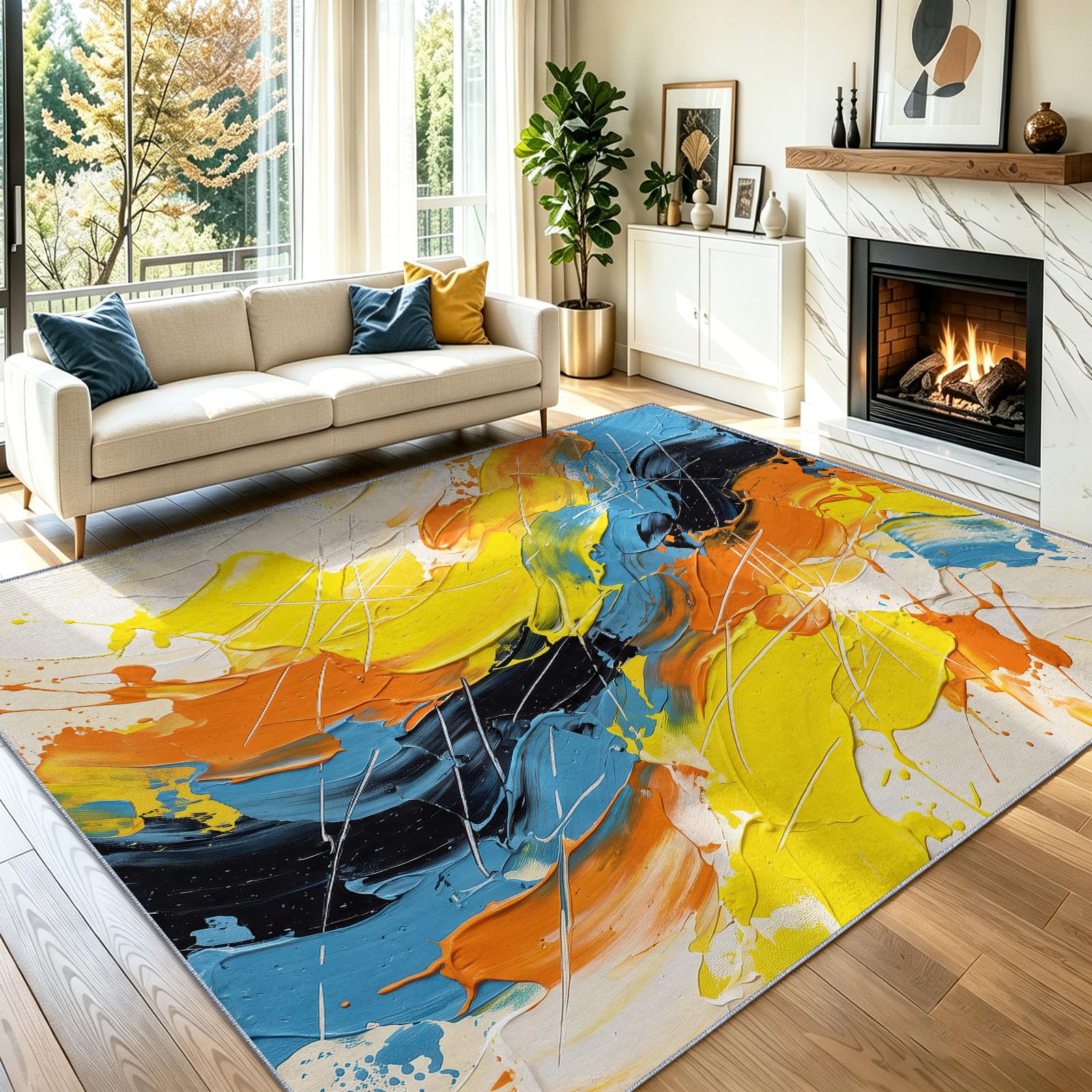 Abstrakt Impasto Ölgemälde Spachtelspuren Schlafzimmer Teppich, 160 x 230 cm Teppich Modern Waschbarer Kurzflor Weich rutschfest Rückseite für Wohnzimmer Esszimmer Badezimmer Küchen Büro, Mehrfarbig