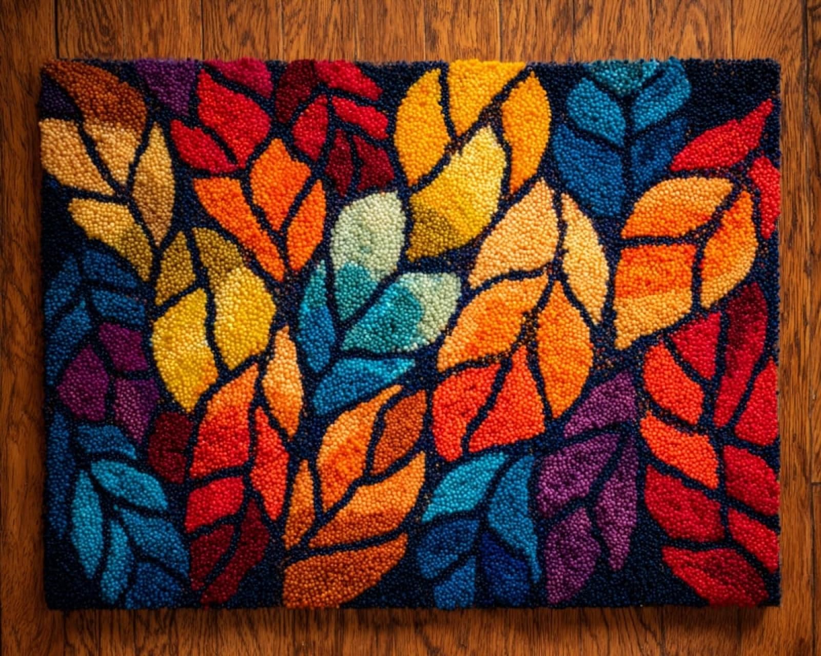 Wallphantom 004 Rug Making Kit For Adults Beginners,Colorful Leaves,Latch Hook Cushion Kits,Carpet Embroidery Needlework Crocheting,Tapestry For Home Decoration,80X115cm