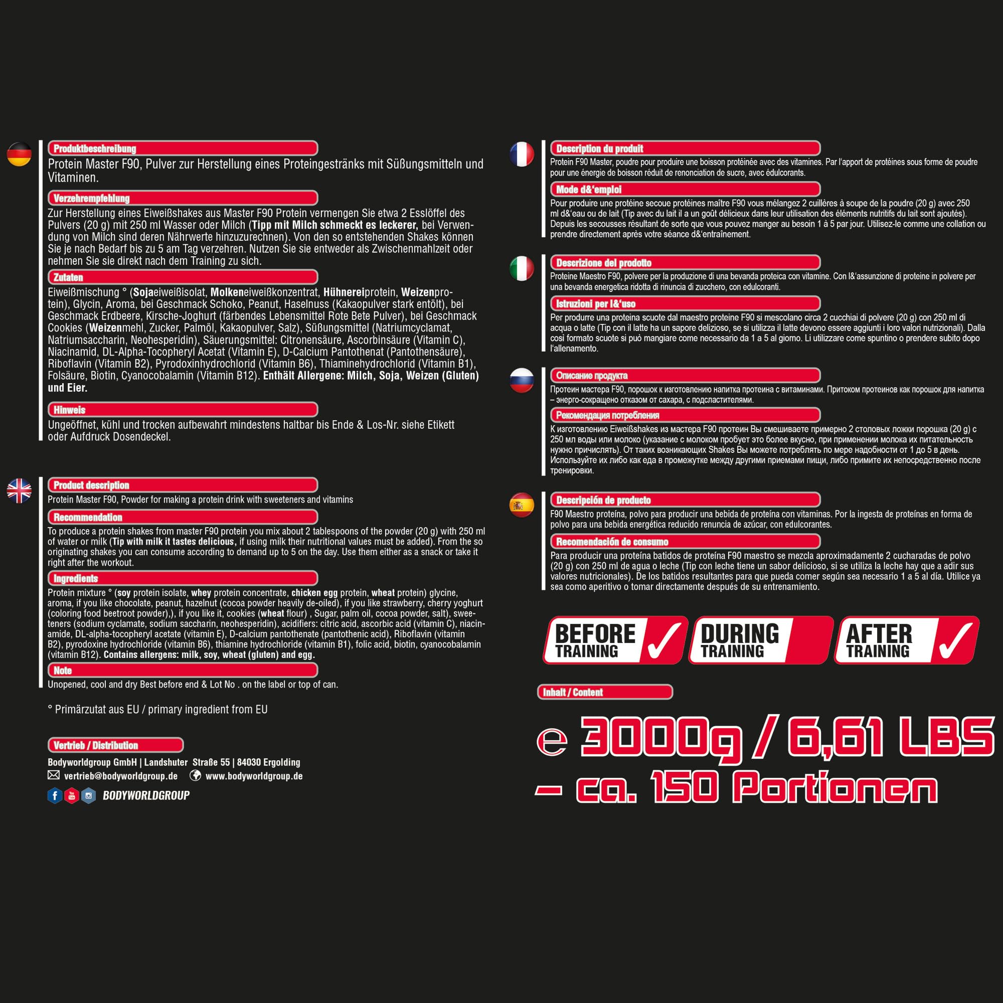 BWG Protein Master F90, Eiweißshake mit BCAA`S und Glutamin, Muskelaufbauphase, Deluxe Proteinshake Strawberry, Dose mit Dosierlöffel, Muscle Line, 1er Pack (1 x 3000g)