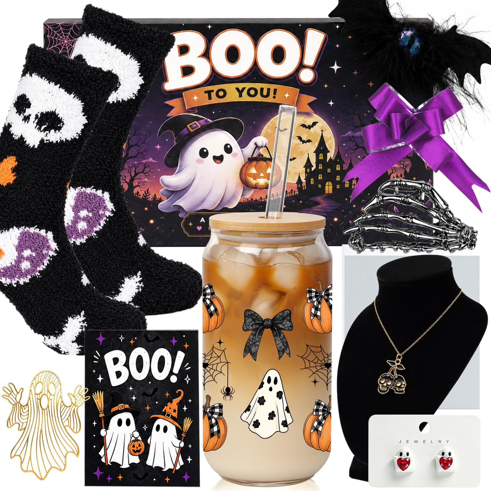 ONEHAUS Boo Basket Stuffers for Women 15 Pcs Halloween Spooky Gifts, Purple