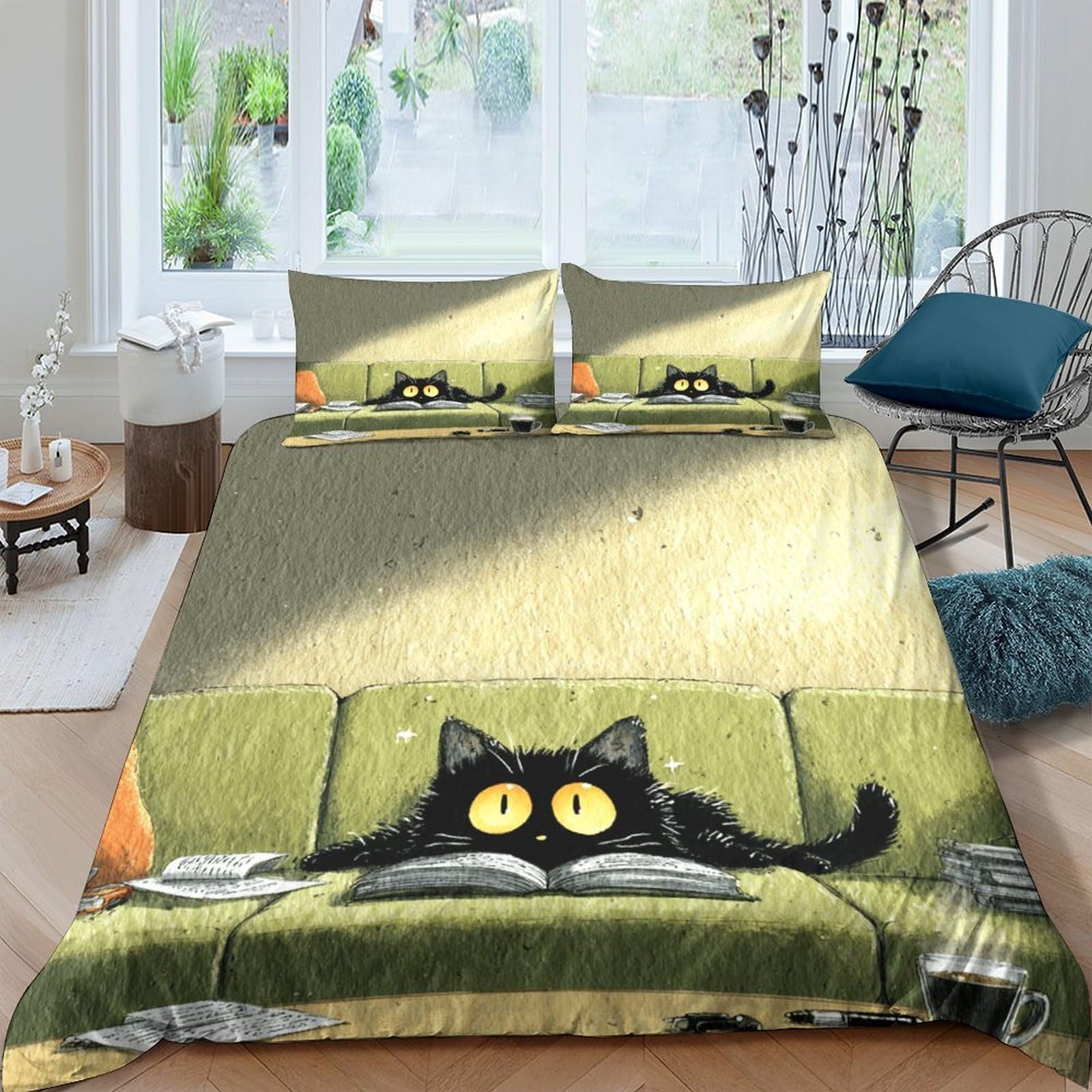Ctjqhvkz Style-5 3D Printed Black Cat Cartoon Fitted Sheet Microfiber Soft Green Sofa Bed Cover For Bedroom Dorm Decor Easy Care Single（135X200cm）