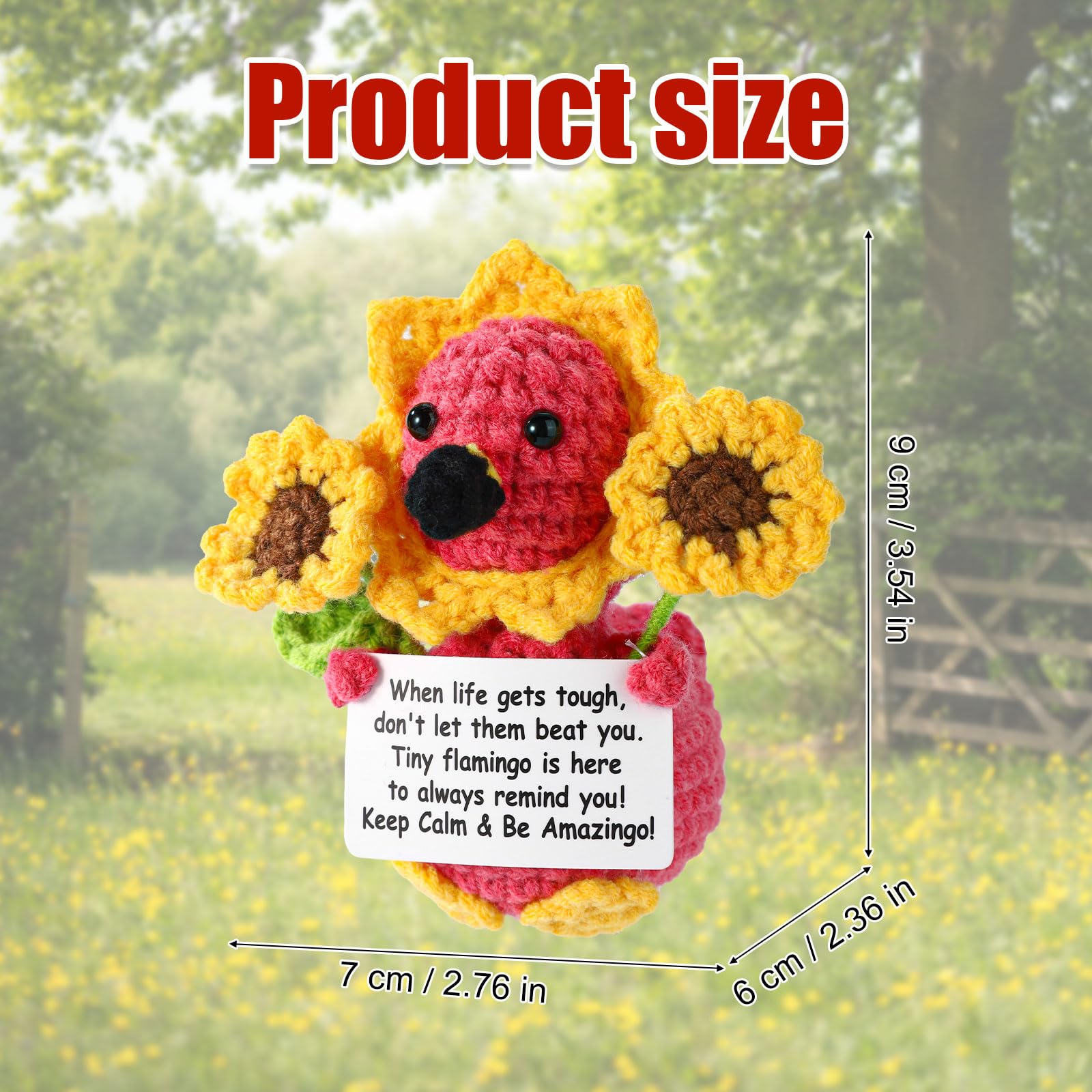 TOYMIS Flamingo Crochet, Cute Soft Knitted Sunflower Flamingo Doll with Inspirational Card Funny Handmade Crochet Gifts Positive Affirmation Gifts for Men Women Friends - Image 2