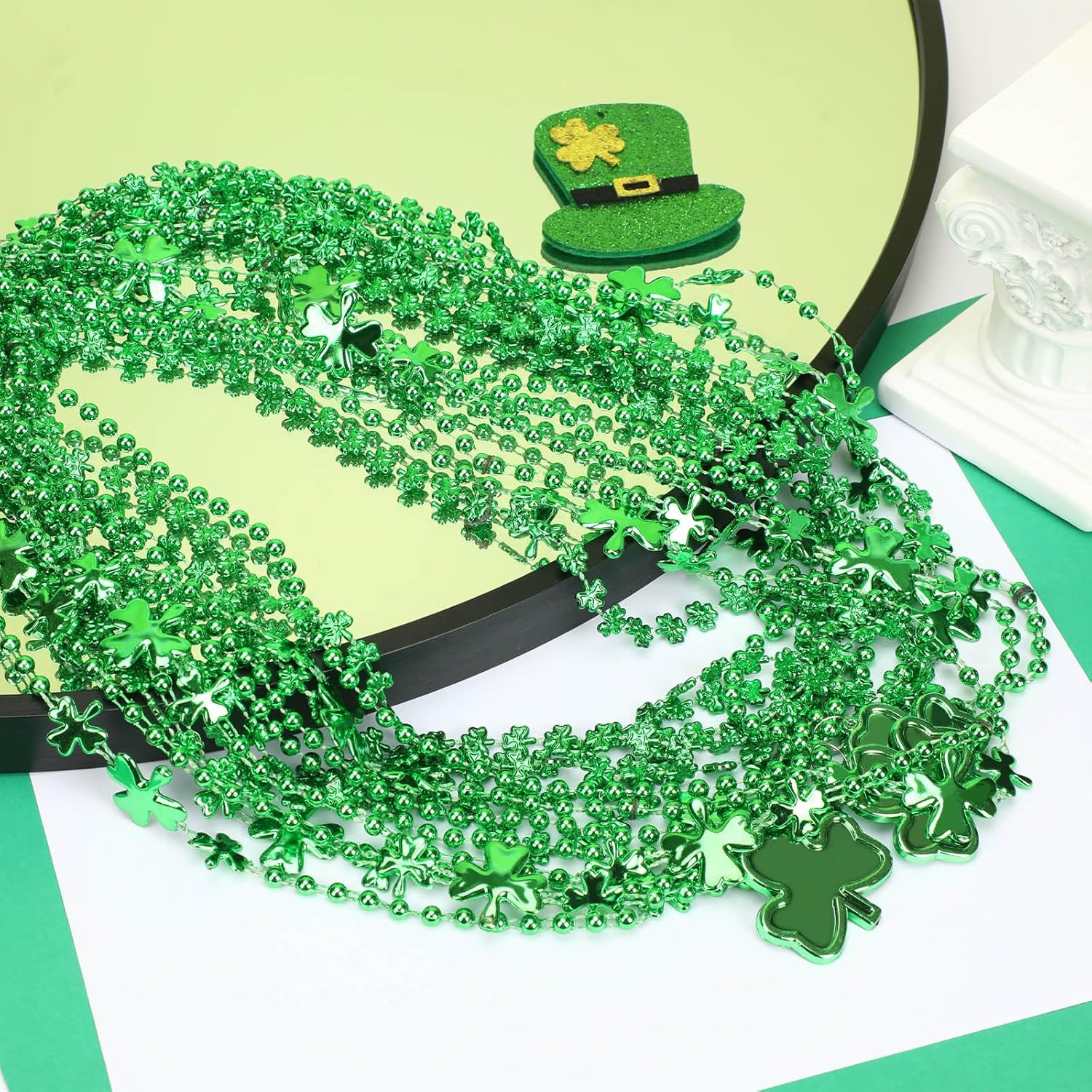 JULBEAR 30 pcs St. Patrick's Day Necklaces, Green Shamrock Clover Metallic Beaded Necklaces for St. Patrick's Day Mardi Gras Party Favors Supplies Irish Holiday Decorations（3 Style）