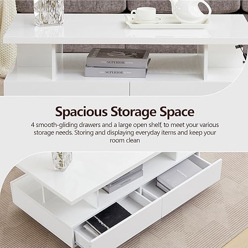 Miniatura 4 de Mesa de centro LED, moderna mesa de centro de alto brillo con 4 cajones y estante de exhibición abierto, mesas centrales rectangulares de madera con