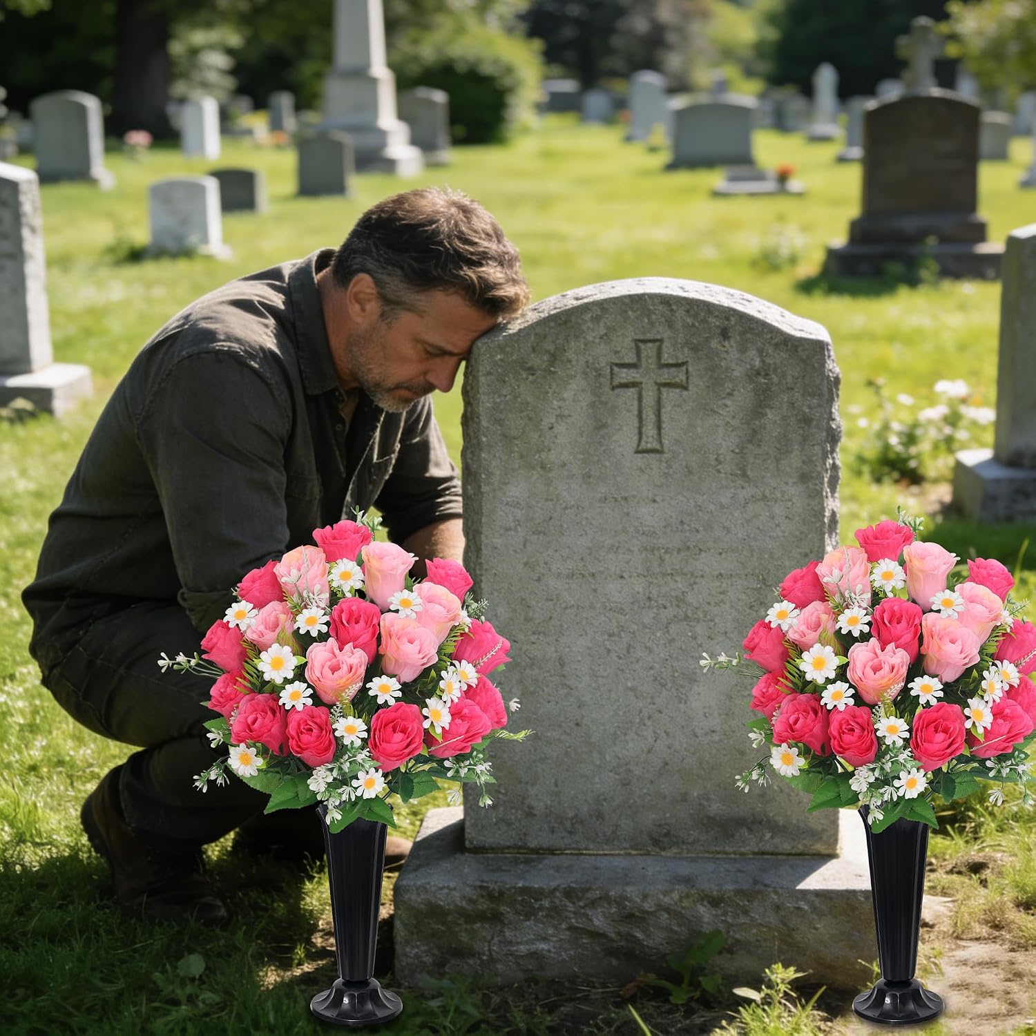 Wocst Artificial Cemetery Flowers for Grave Memorial Day Flowers for Cemetery,2Pack Artificial Silk Roses Daisy Bouquets with Cemetery Vases for Outdoor Grave Decorations ﻿ (Pink)