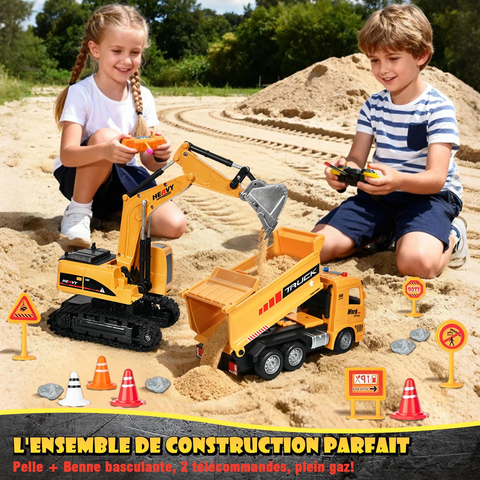 Pelleteuse Télécommandée et Camion-Benne Télécommandé, 2 Véhicules de Chantier 2.4GHz avec Panneaux Routiers, Barrières, Pierres Simulées, Lumières, Sons, Cadeau d'anniversaire pour Enfants de 6 Ans