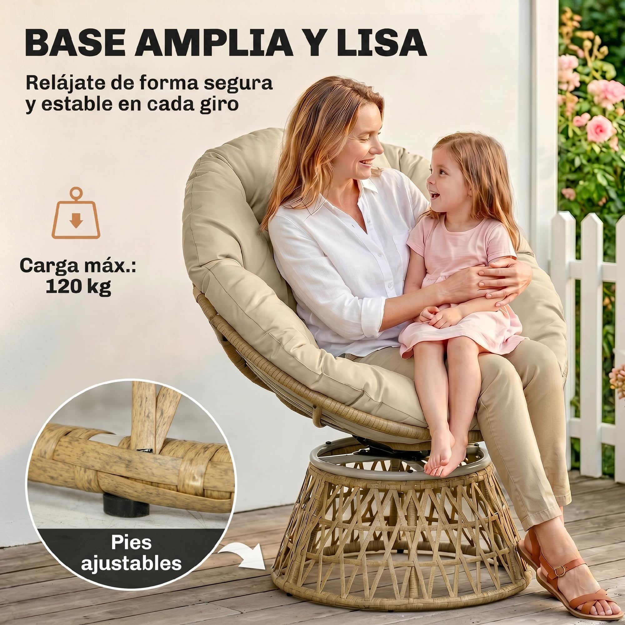Outsunny Sillón Papasan Giratorio 360° de Ratán Sintético, Silla Redonda de Mimbre PE con Cojín y Marco de Acero, Resistente a Intemperie, Carga 120 kg, para Jardín, Terraza, 85x70x82 cm, Amarillo