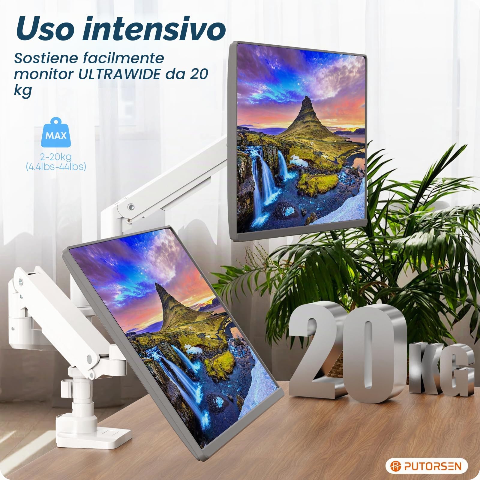 PUTORSEN Supporto per monitor 2 monitor per schermo piatto e curvo da 17 – 49 pollici, molla a gas doppio monitor, regolabile in altezza, orientabile, capacità di peso 2 – 20 kg per braccio