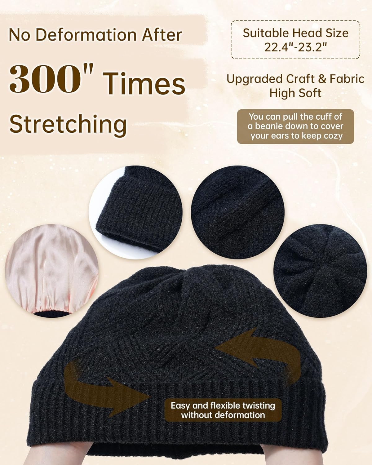 Mesovor Satin Lined Beanie Hat for Women, Acrylic Winter Silk Lining Soft Slouchy Beanies | Unisex Warm Knitted Cuffed Cap - Image 3