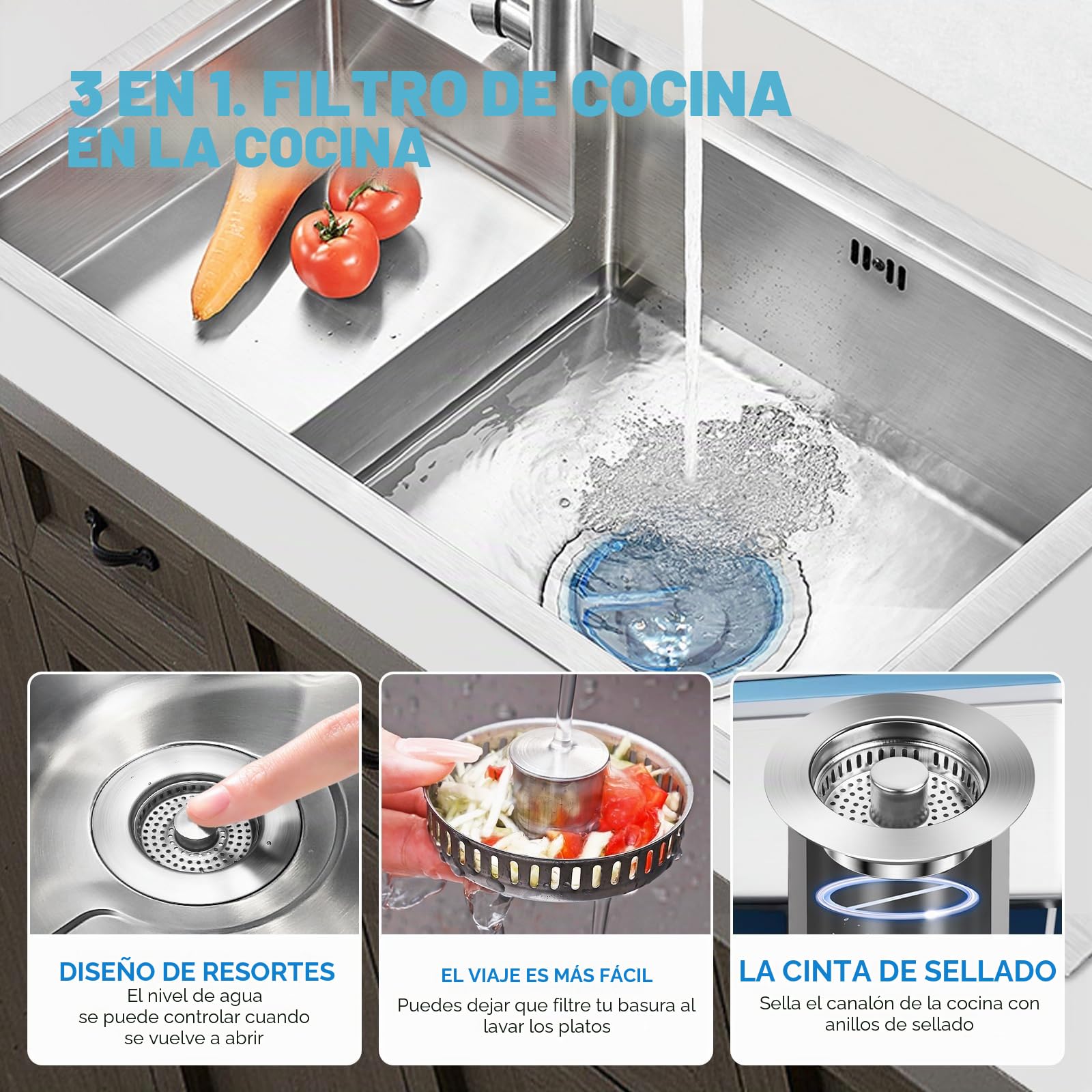 3 en 1 Tapon Fregadero Cocina de Acero Inoxidable, Tapón Fregadero Cesta Universal, Tapón Desague Fregaderos con Filtro, con Orificio de 75-86 mm