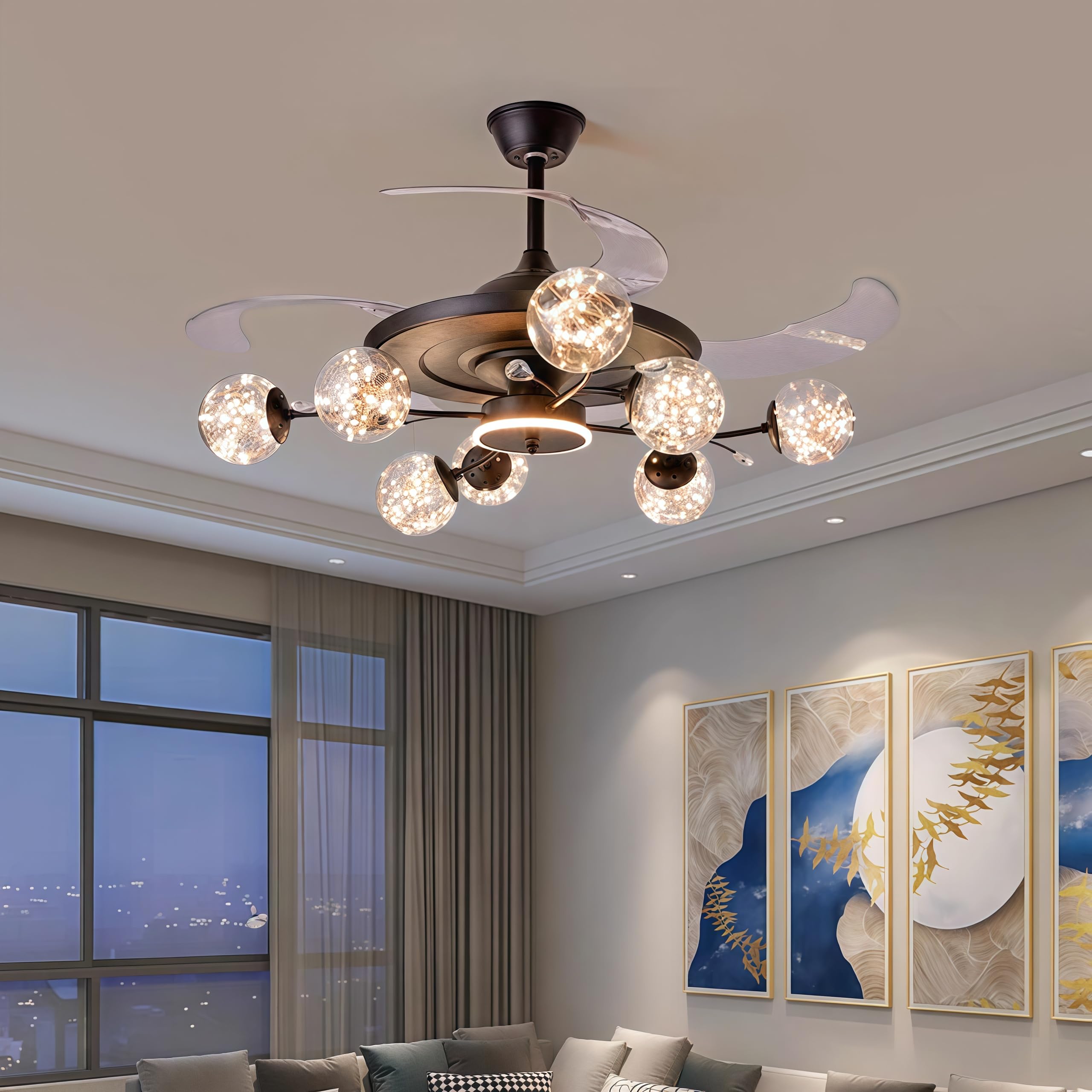 Retractable Ceiling Fan with Lights: Modern 8-Light Chandelier with Fan - Black Fandelier with Remote for Living Dining Room - 48" Sputnik Fan Light with Clear Globe for Bedroom