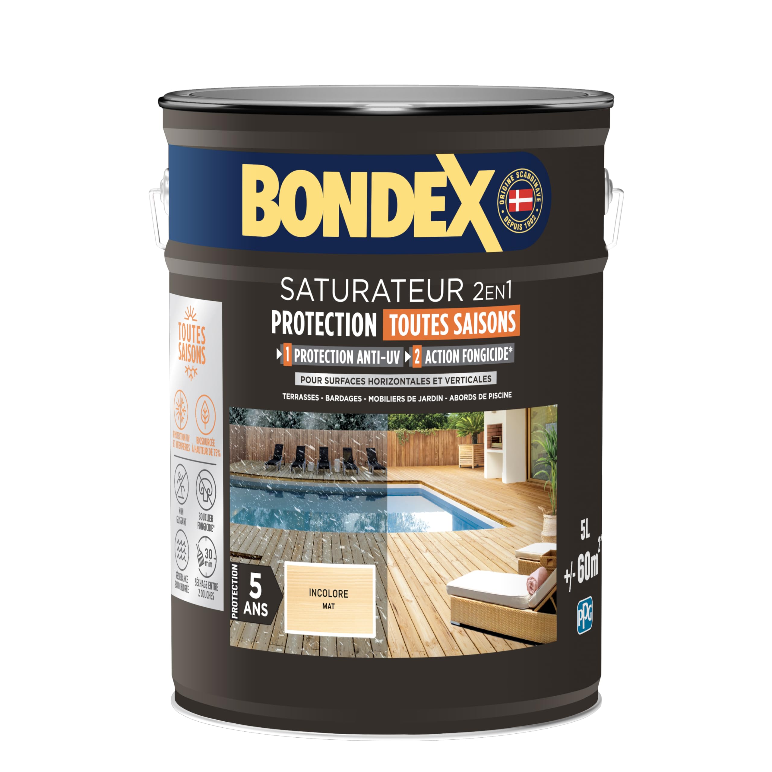 BONDEX - Saturateur Terrasse Bois Intérieur & Extérieur - Idéale pour Rénover, Décorer et Protéger - À Base d'Eau - Haute Protection - Anti-​UV, Anti-​Grisaillement - Mat - 5L - Incolore