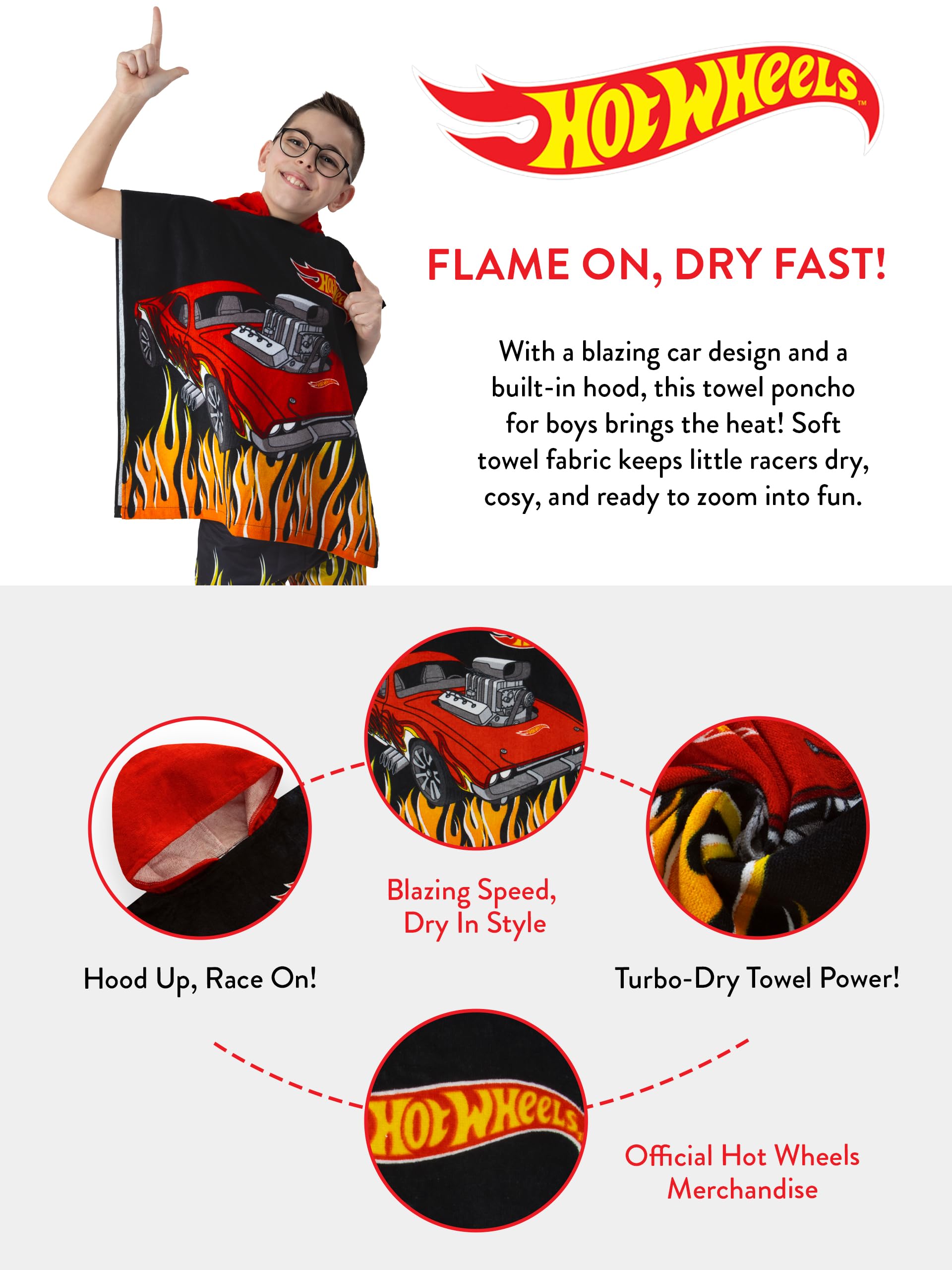 Hot Wheels Poncho Bambino, Accappatoio Bambino Macchina, Accappatoio Ragazzo, Taglia Unica, Nero