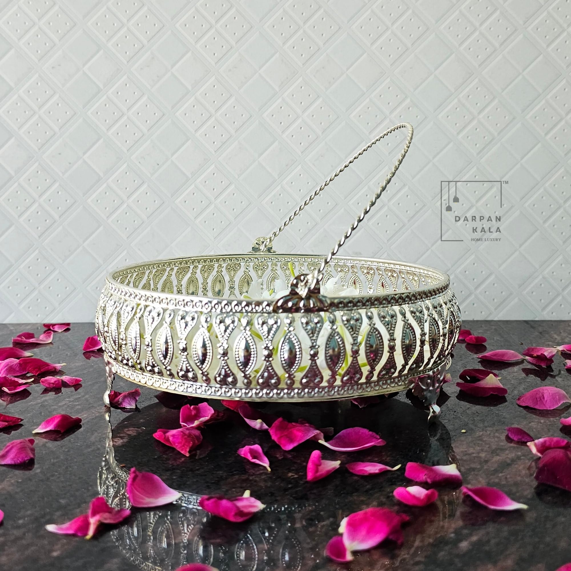 DARPAN KALA Decorative Silver Basket with Handle – Luxury Pooja Flower Basket Bowl, Gift Hamper Packaging, Ornate Filigree Metalwork, Round Large Design-image-5