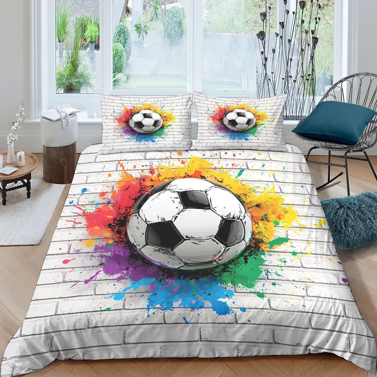 GPLZQXKJNH 3D Printed Colorful Soccer Splash Duvet Cover Microfiber Soft Breathable Football Bedding Set with 2 Pillowcases for Bedroom Decor Single（135x200cm）