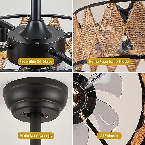 Miniatura 5 de OCWHT Lámpara de techo de 18 pulgadas con control remoto, ventilador de techo enjaulado de ratán bohemio, lámpara de techo rústica para sala de