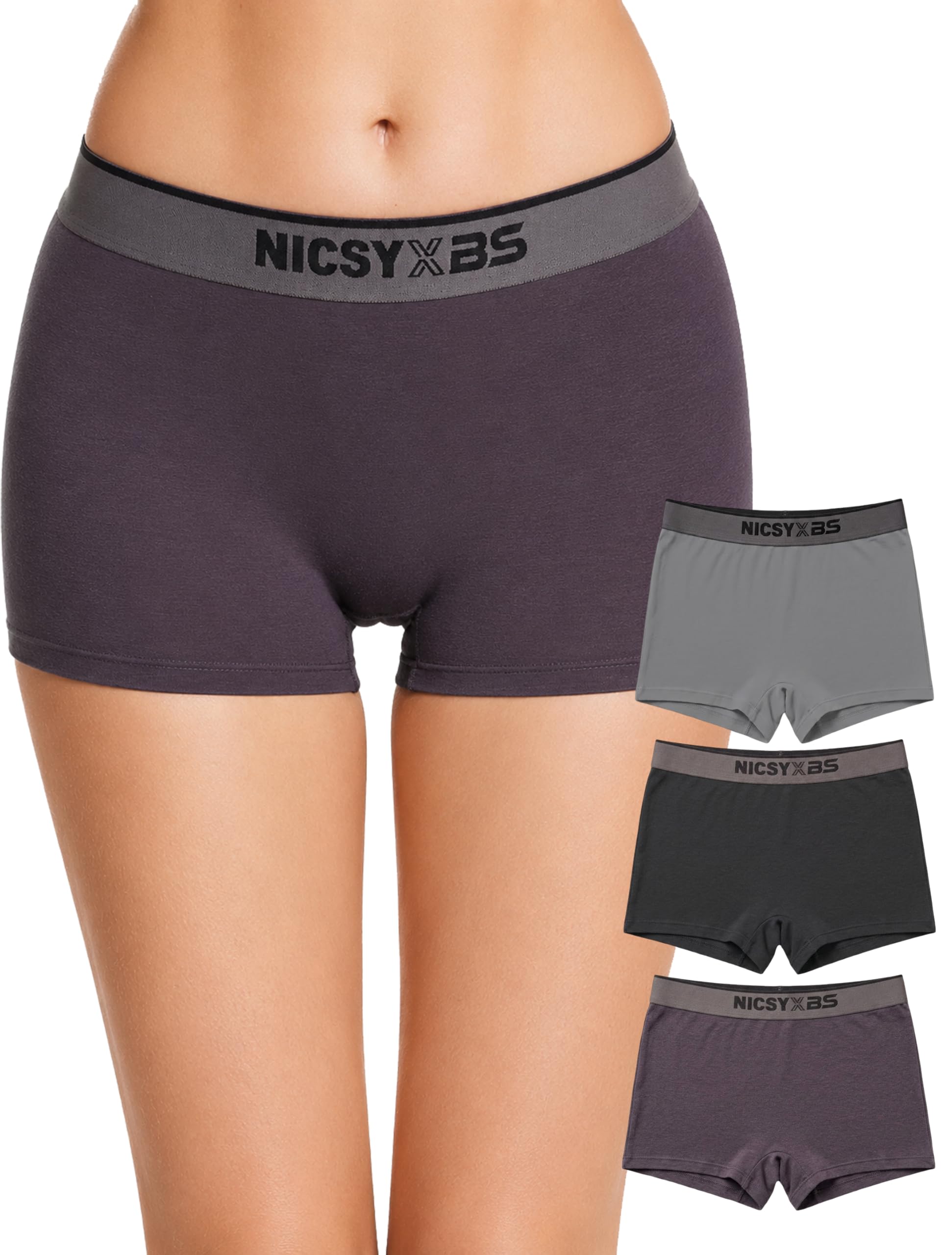 Women Seamless Boy Shorts Panty| Combo Pack with Soft Elastic Logo Waistband | Stretchable Mid Waist Boyleg Underwear Grey/Black/L-Grey-image-1