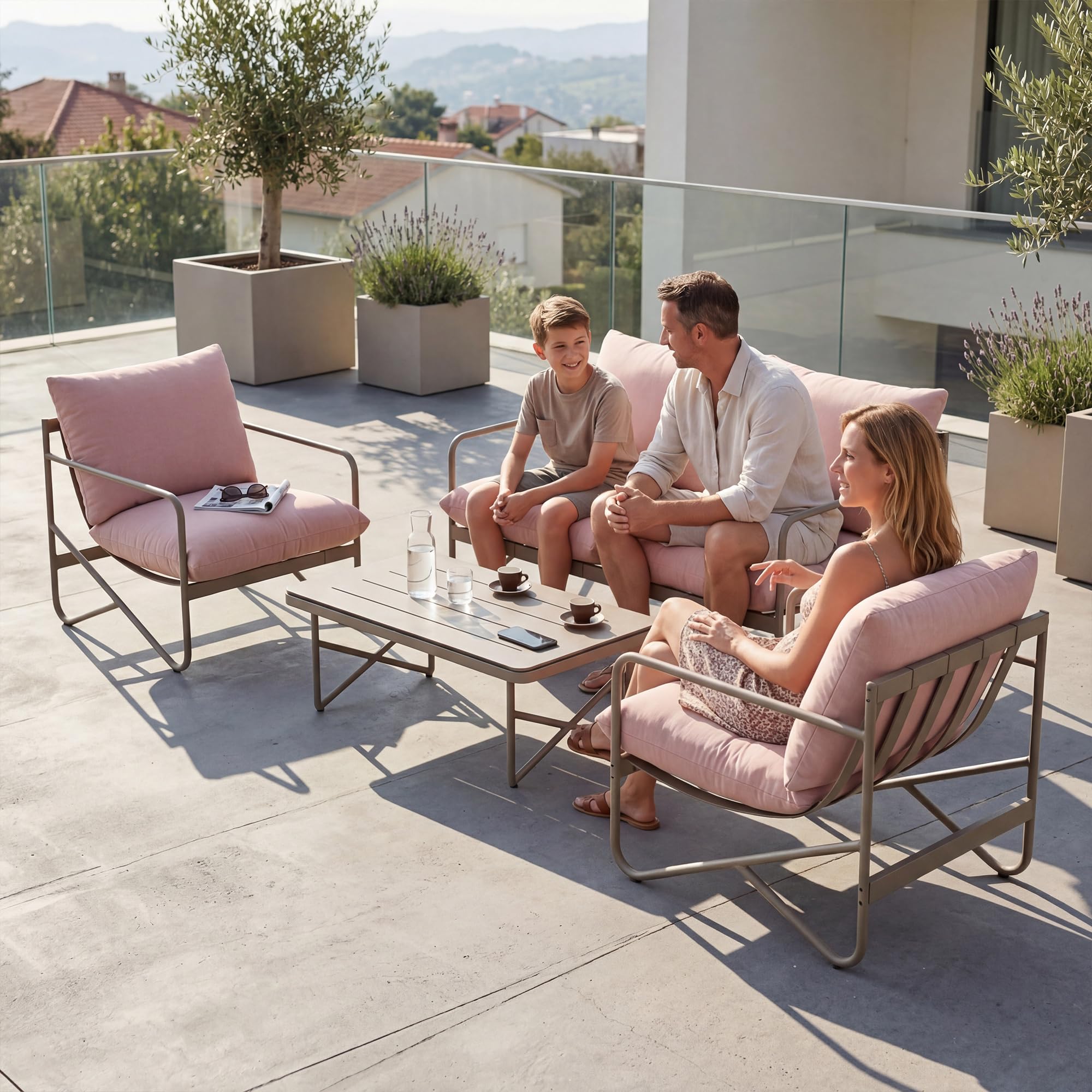 Outsunny Set Salotto da Giardino 4 Pezzi, Set di Mobili da Giardino in Metallo con Divano 2 Posti, 2 Poltrone, Tavolino con Piano Metallo, Cuscini Spessi, Salottino da Esterno per Patio Balcone, Rosa