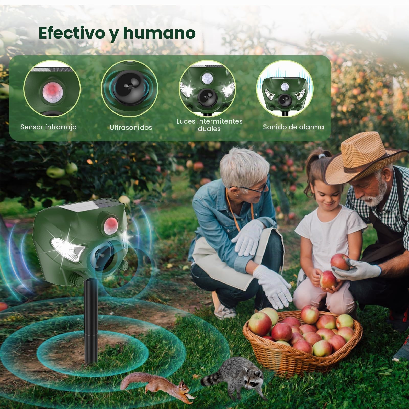 Repelente Gatos, 5 Modos Ahuyentador Gatos para Jardines, 26 Pies Ahuyentador Gatos con Alarma y Luces Intermitentes, para Perros, Ciervo, Zorro, Pájaro, Conejo, Ardilla