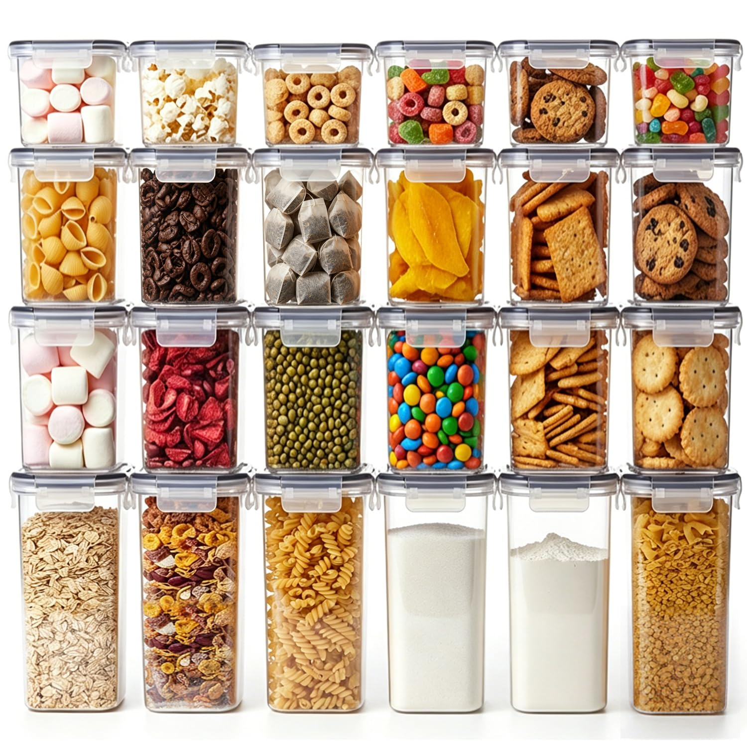 Comsaf 24 Pack Airtight Food Storage Containers with Lids (6x2L+12x1.4L+6x0.8L), BPA-Free Plastic Kitchen Storage for Cereal Flour Sugar Pasta & Baking Supplies, Space-Saving Stackable, with 24 Labels