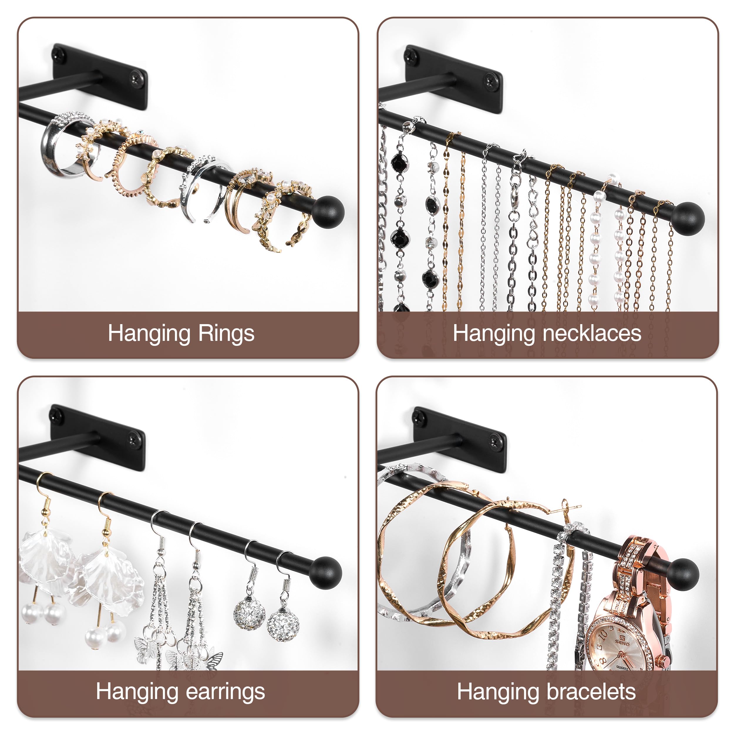 Josmimic Schmuck-Organizer zum Aufhängen an der Wand, 32 cm, Schraube im Lieferumfang enthalten, Schwarz, 2 Stück