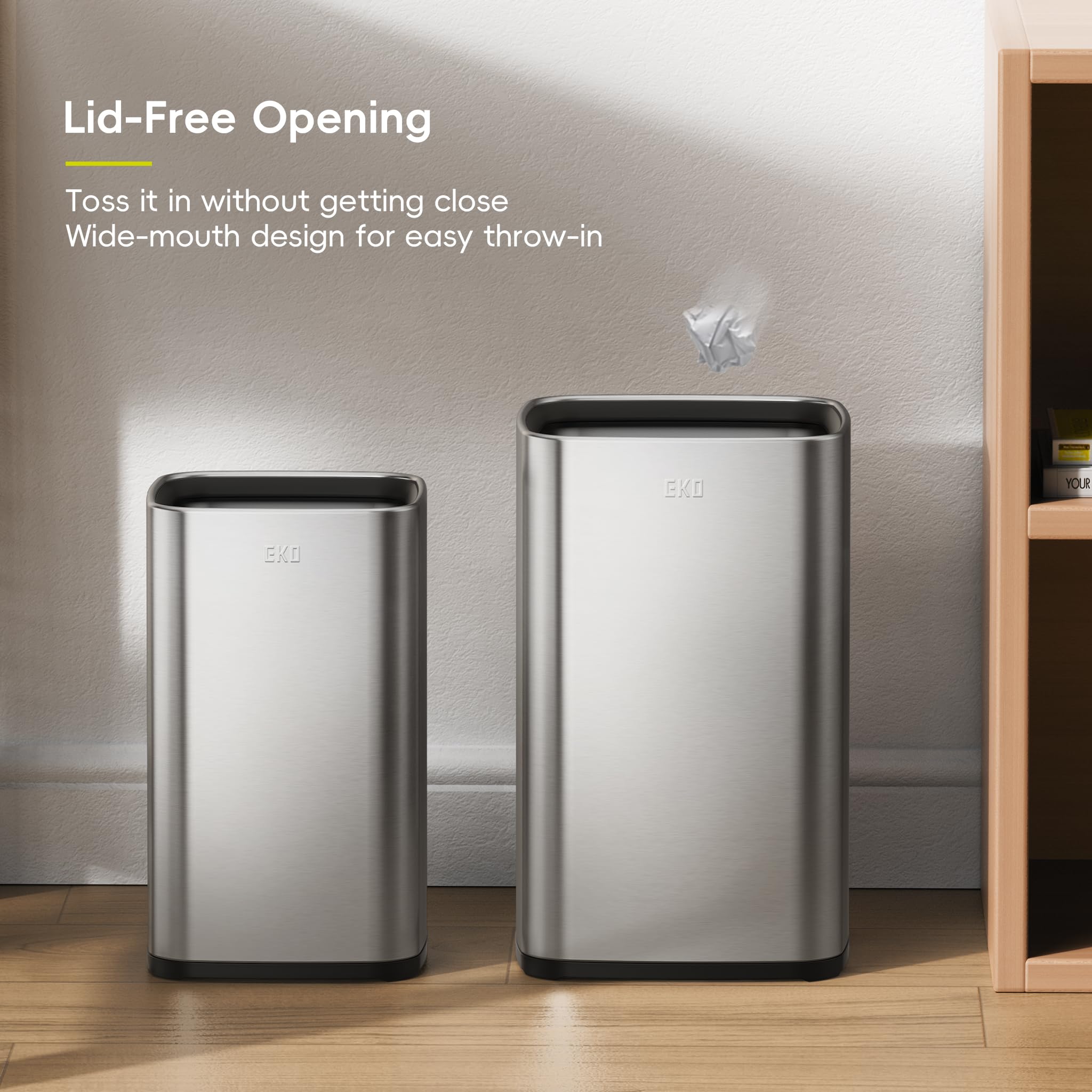 EKO Lot de 2 poubelles carrées sans couvercle avec panier intérieur amovible, petite poubelle carrée de 5 + 10 litres pour cuisine, salle de bains, bureau, maison (acier inoxydable)