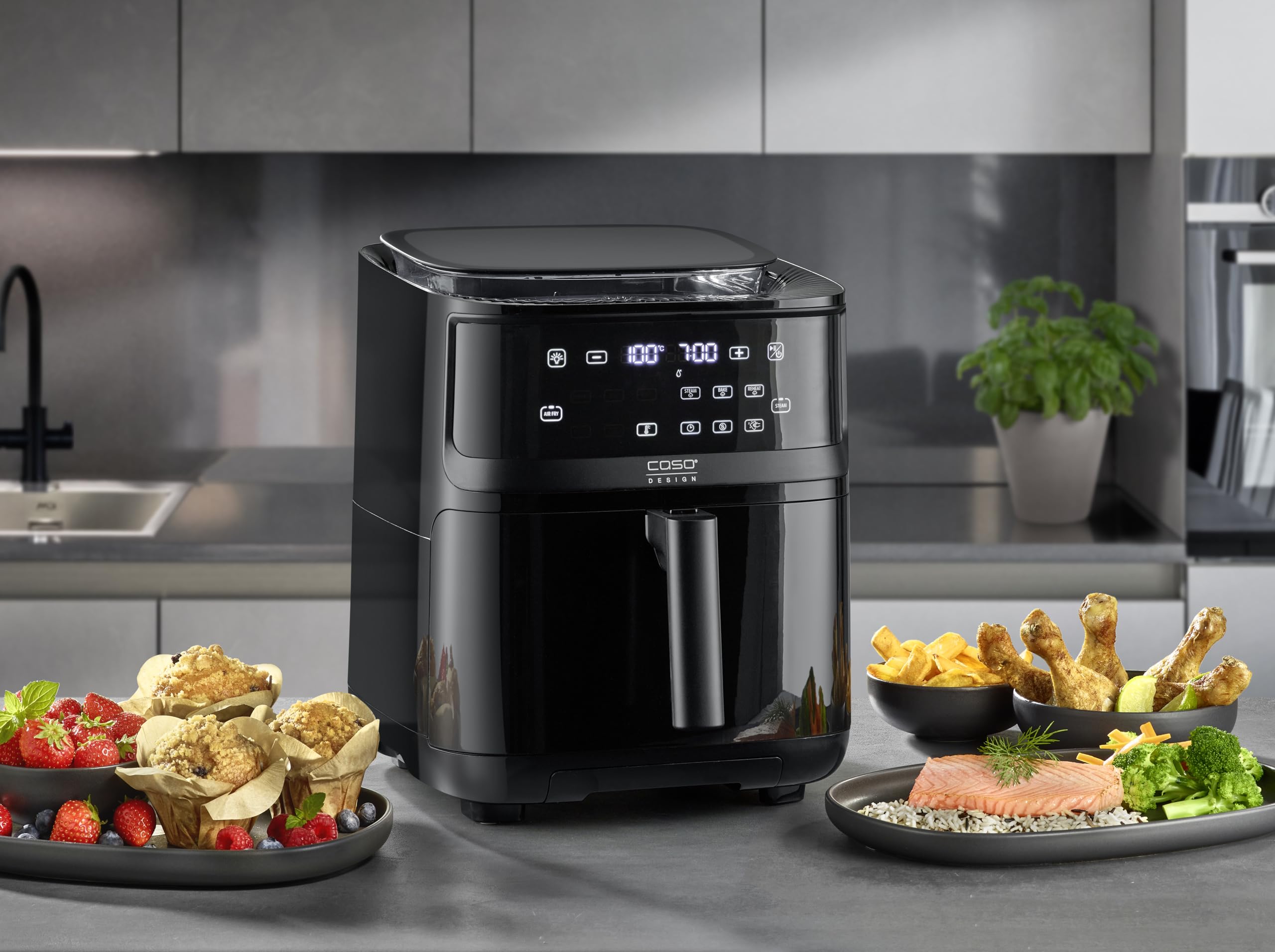 CASO AirFry & Steam 700 – Friggitrice ad aria calda e piroscafo – Il cibo diventa croccante all'esterno e succoso all'interno, extra grande volume del cestello 7 litri, piroscafo e aria fryer,