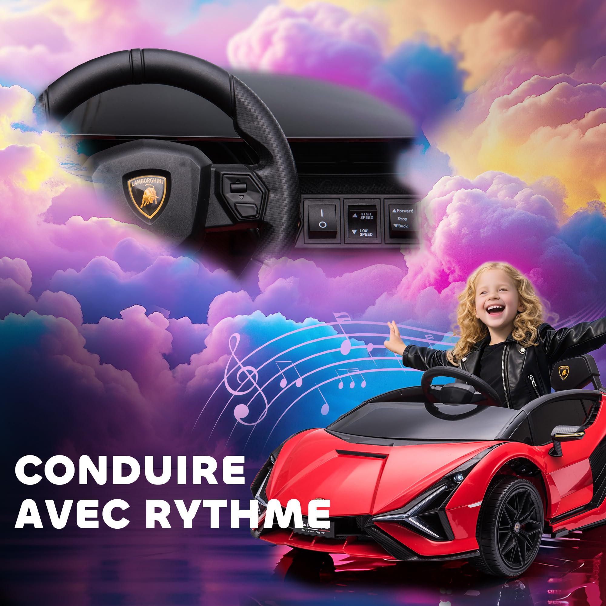 HOMCOM Licencjonowany samochód elektryczny dla dzieci Supercar Lamborghini Sian 12 V - V. Max. 5 km/h z pilotem 2,4G Efekty dźwiękowe + czerwone światło