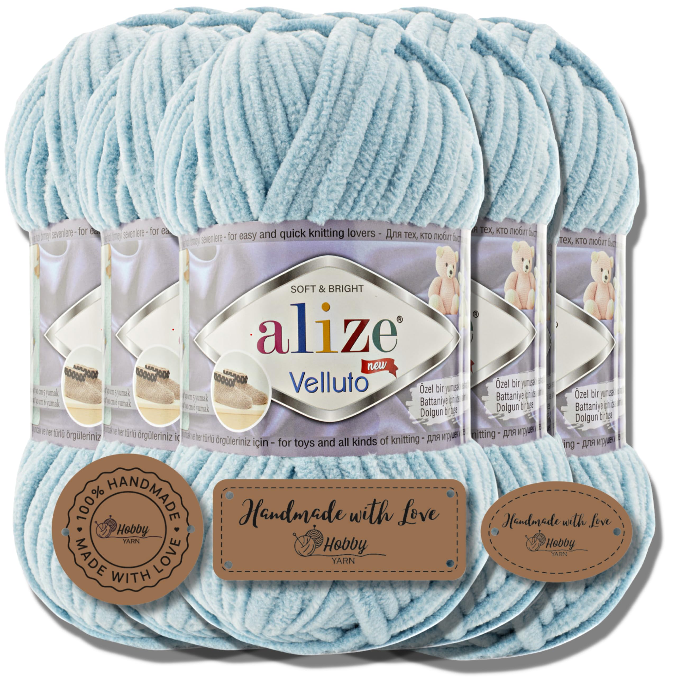 Alize Velluto 5 x 100 g Super Bulky Wool XXL Ball for Amigurumi Soft Baby Wool for Crochet Knitting (Azure - 414)
