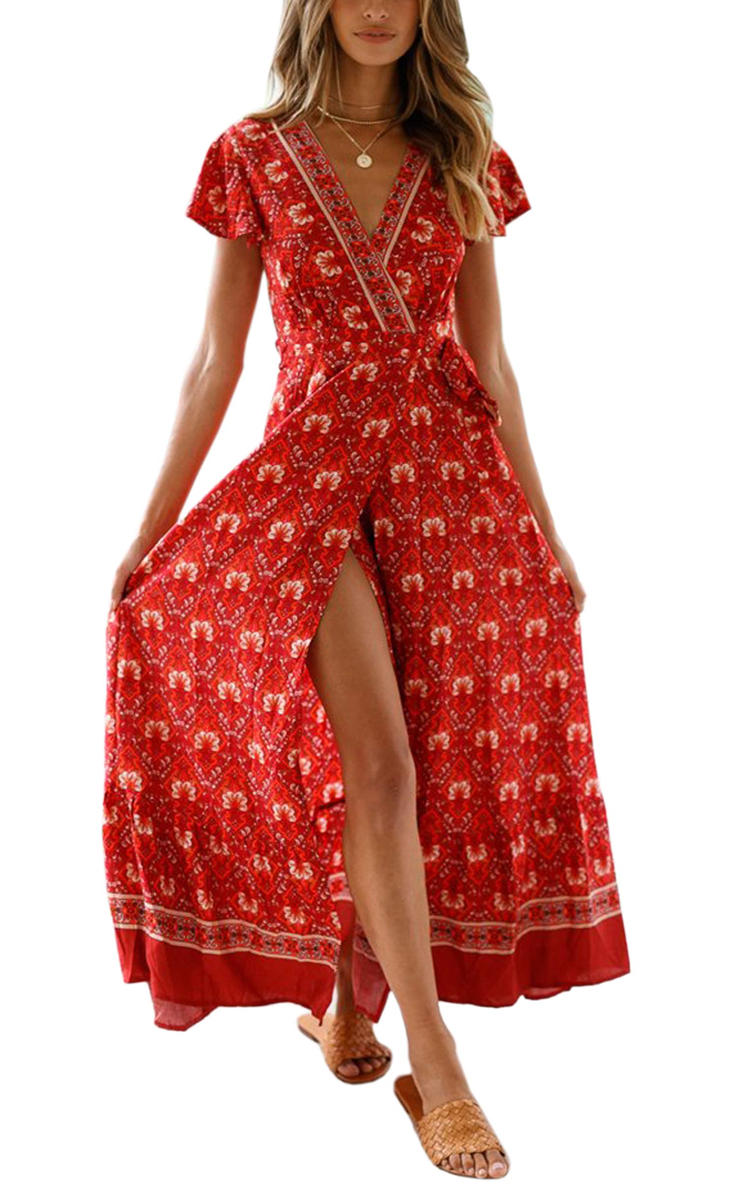 ECOWISH Damen Kleider Boho Sommerkleid V-Ausschnitt Maxikleid Kurzarm Strandkleid Lang mit Schlitz