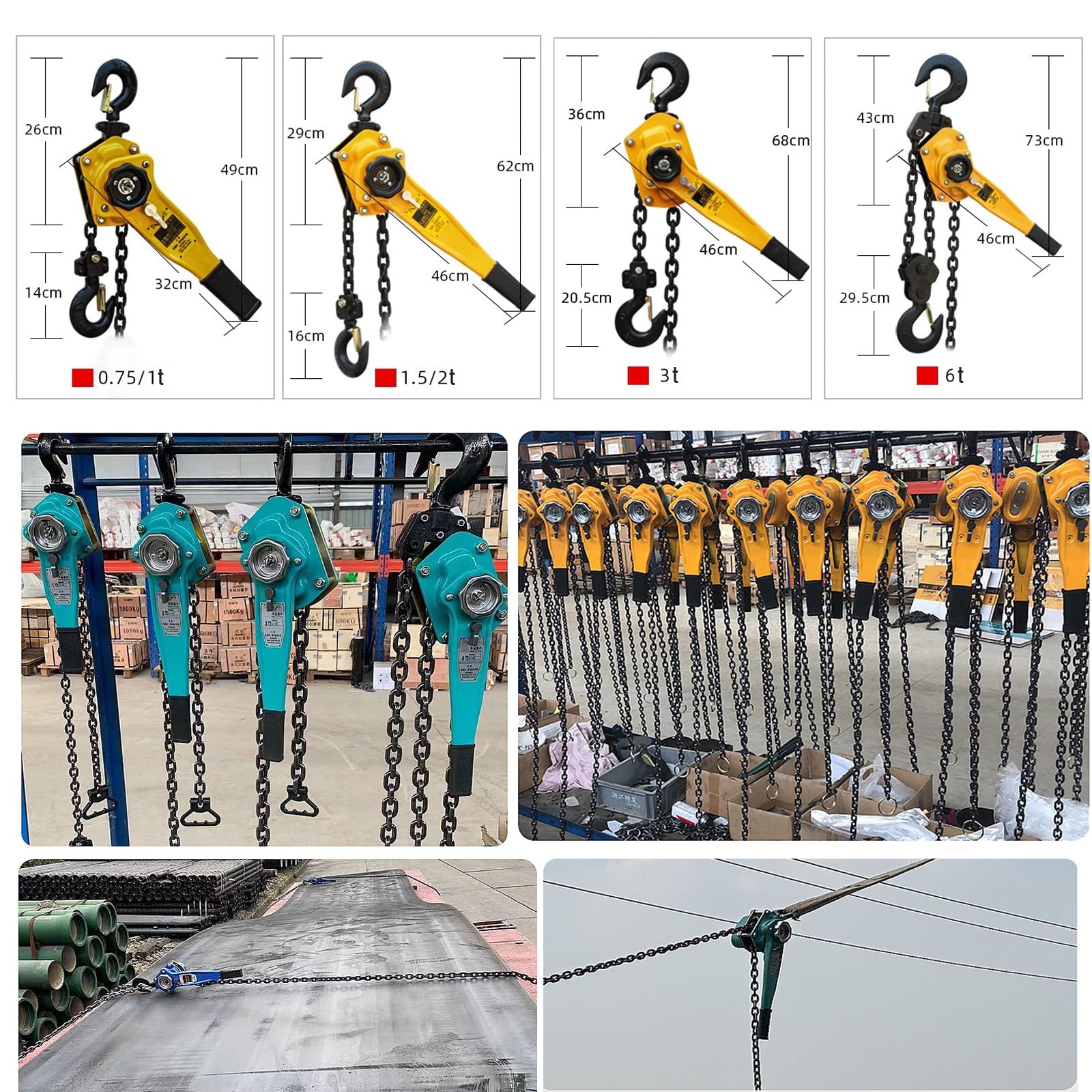 Sollevatore a cricchetto resistente con catena di blocco per costruzione e manutenzione, capacità 3 tonnellate, portata 3 piedi