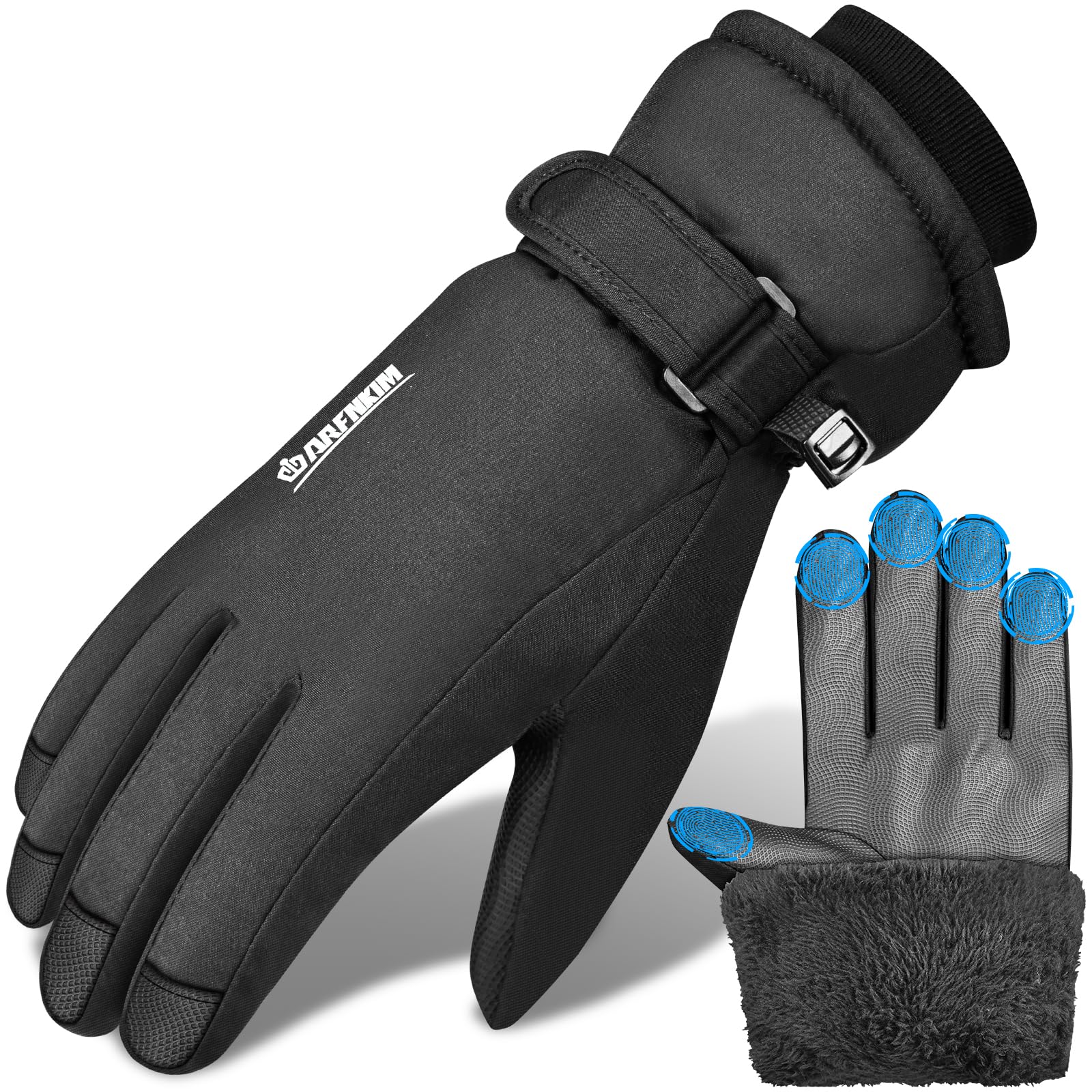 ARFNKIMWaterproof & Windproof Winter Gloves with Fleece Lining, -20℉ Coldproof Touch Screen Thermal Ski Gloves for Cycling, Hiking, Snowboarding, Running, Outdoor Sports - Men
