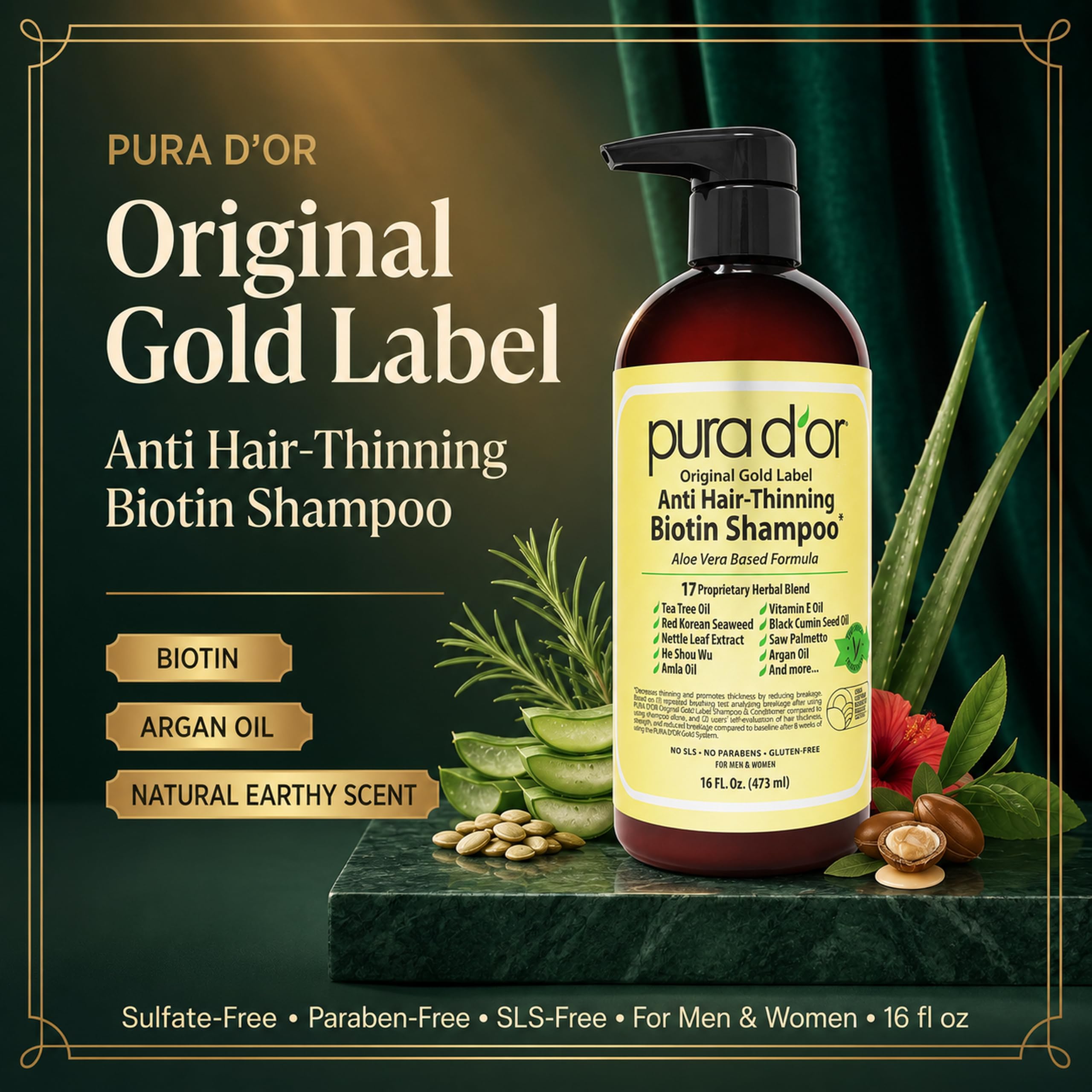 Pura D'Or Shampoo anti-assottigliamento originale in oro testato clinicamente, infuso con olio di argan, biotina, senza solfati, 473 ml (la confezione può variare)