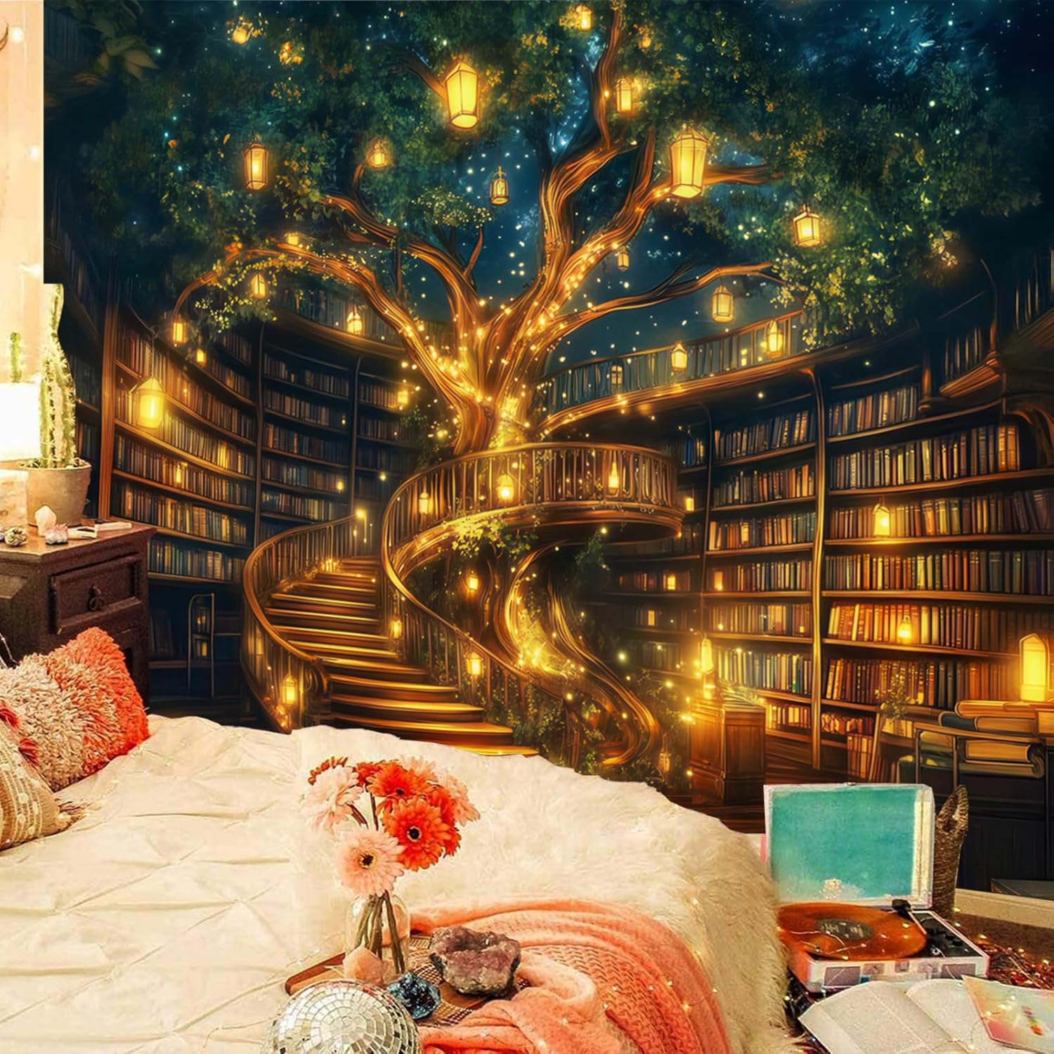 Miytal Enchanted Tree Library Tapestry – Magical Bookshelf Reading Room Wall Hanging, Cozy Literary Art Decor for Bedroom, Living Room, or Study - 70.9" x 90.6"
