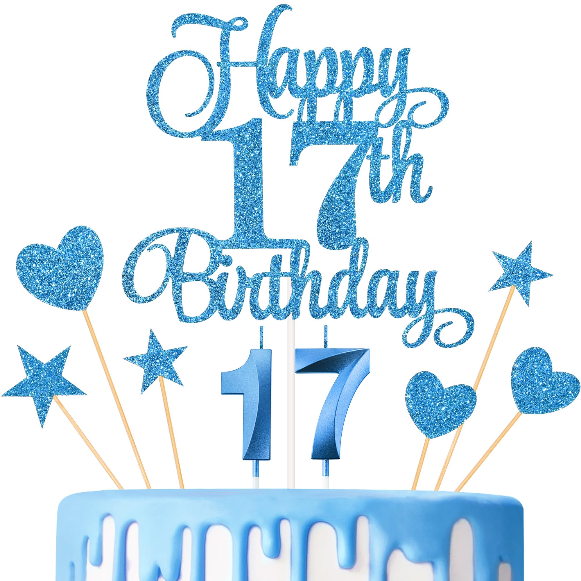 Lecferrarc 17th Birthday Cake Decorations, 17th Birthday Candles Cake Numeral Candles and Glitter Happy 17th Birthday Cake Toppers Set for Birthday