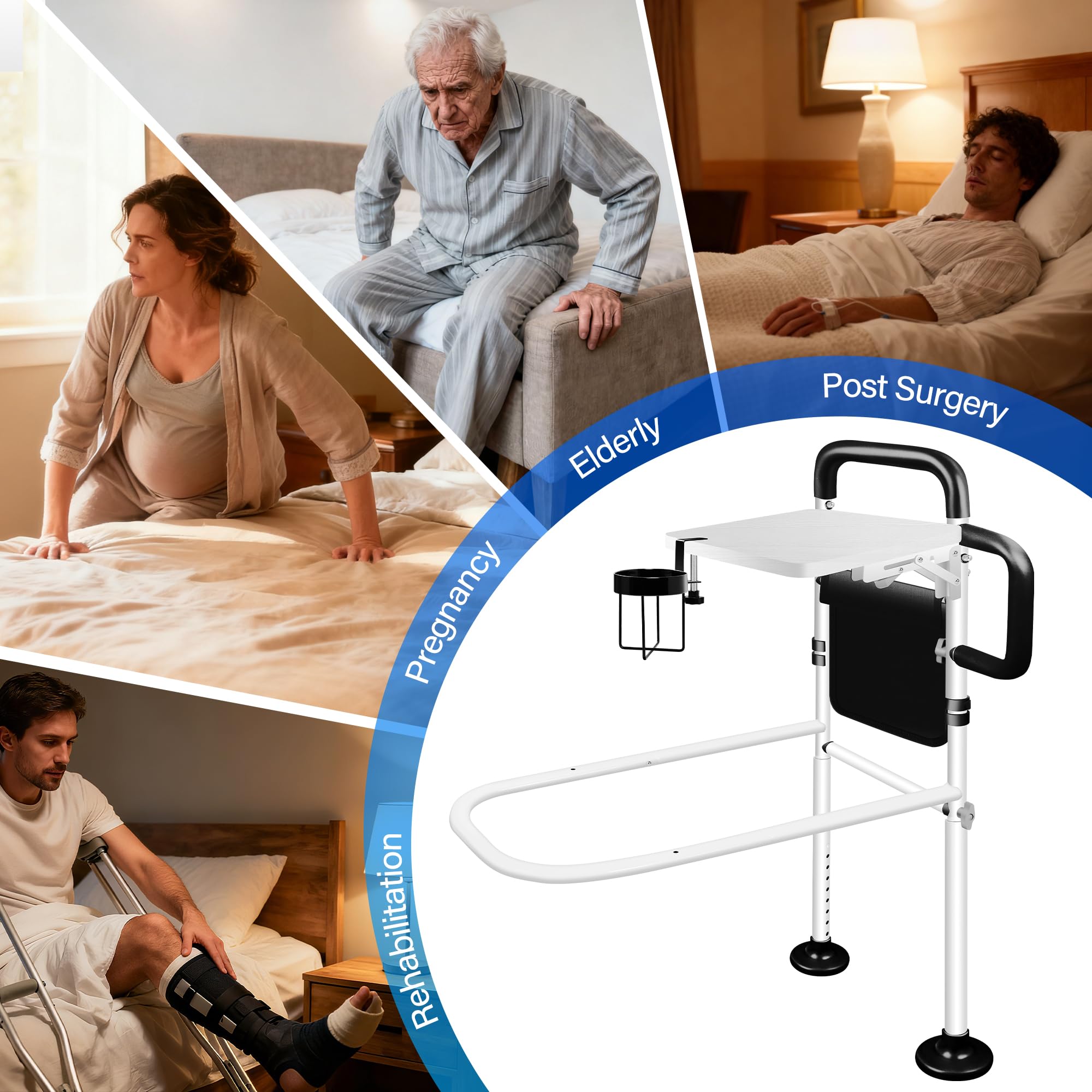 LanAqua Bed Rails for Elderly Adults Safety with Foldable Tray, Adjustable Bed Assist Rails for Seniors with Motion Sensor Light & Cup Holder, ASTM Approved Bed Cane Bed Rail with 2 Handles & Pocket — view 5