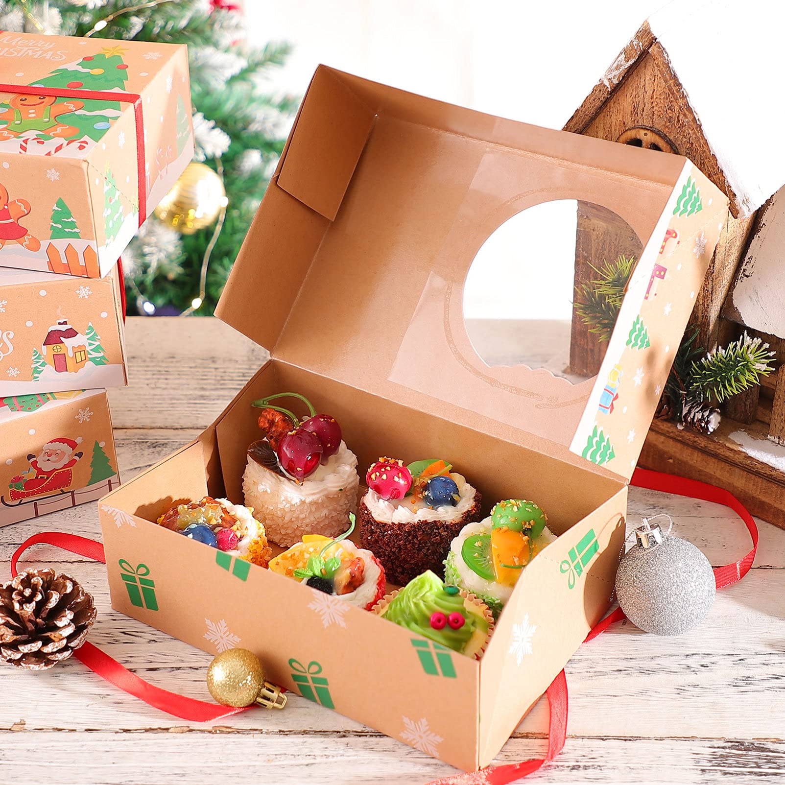 AerWo Weihnachts-Keksboxen Mit Fenster – 12 Stück, Inkl. Etiketten & Bänder (DIY Geschenkverpackung)