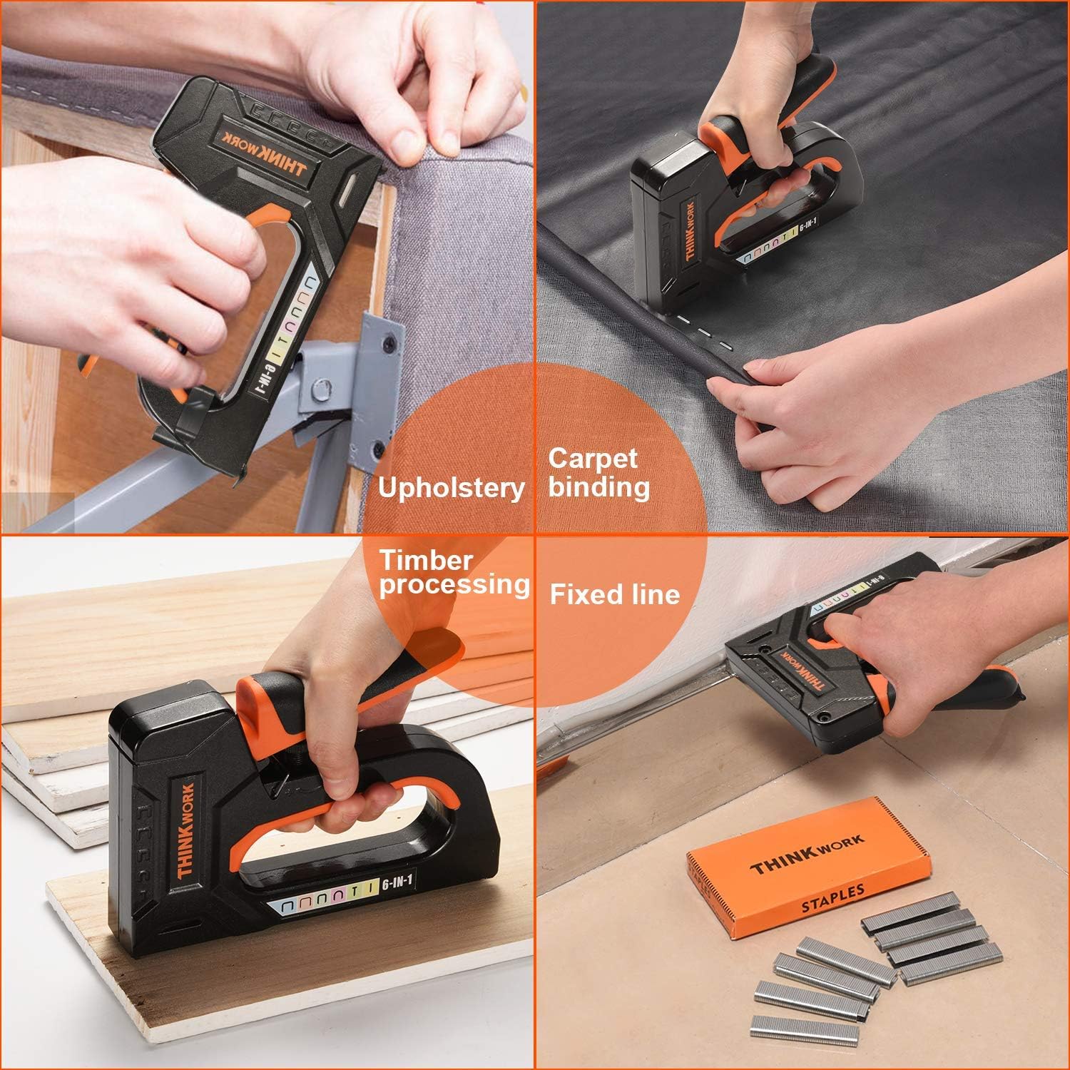 THINKWORK Staple Gun, Heavy Duty Staple Gun with Staples, 6 in 1 Manual Nail Gun with 4200 Staples(D, U, T-Type), for Upholstery, Material Repair, Carpentry, Decoration, Furniture, DIY, Crafts.