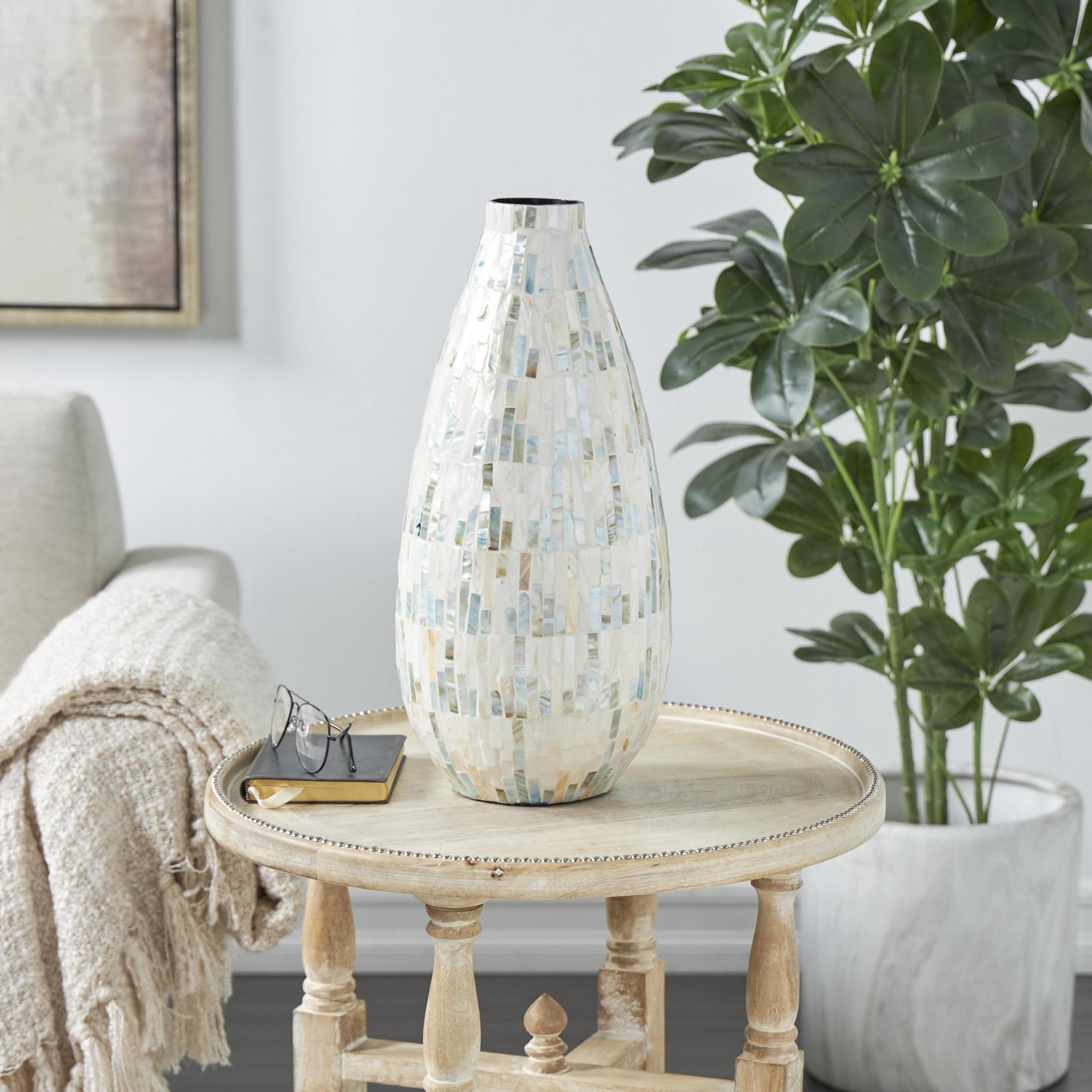 Deco 79 Mother of Pearl Shell Handmade Decorative Vase Mosaic Inspired Centerpiece Vase with Pastel Blue and Pink Accents, Flower Vase for Home Decoration 8" x 8" x 19", White