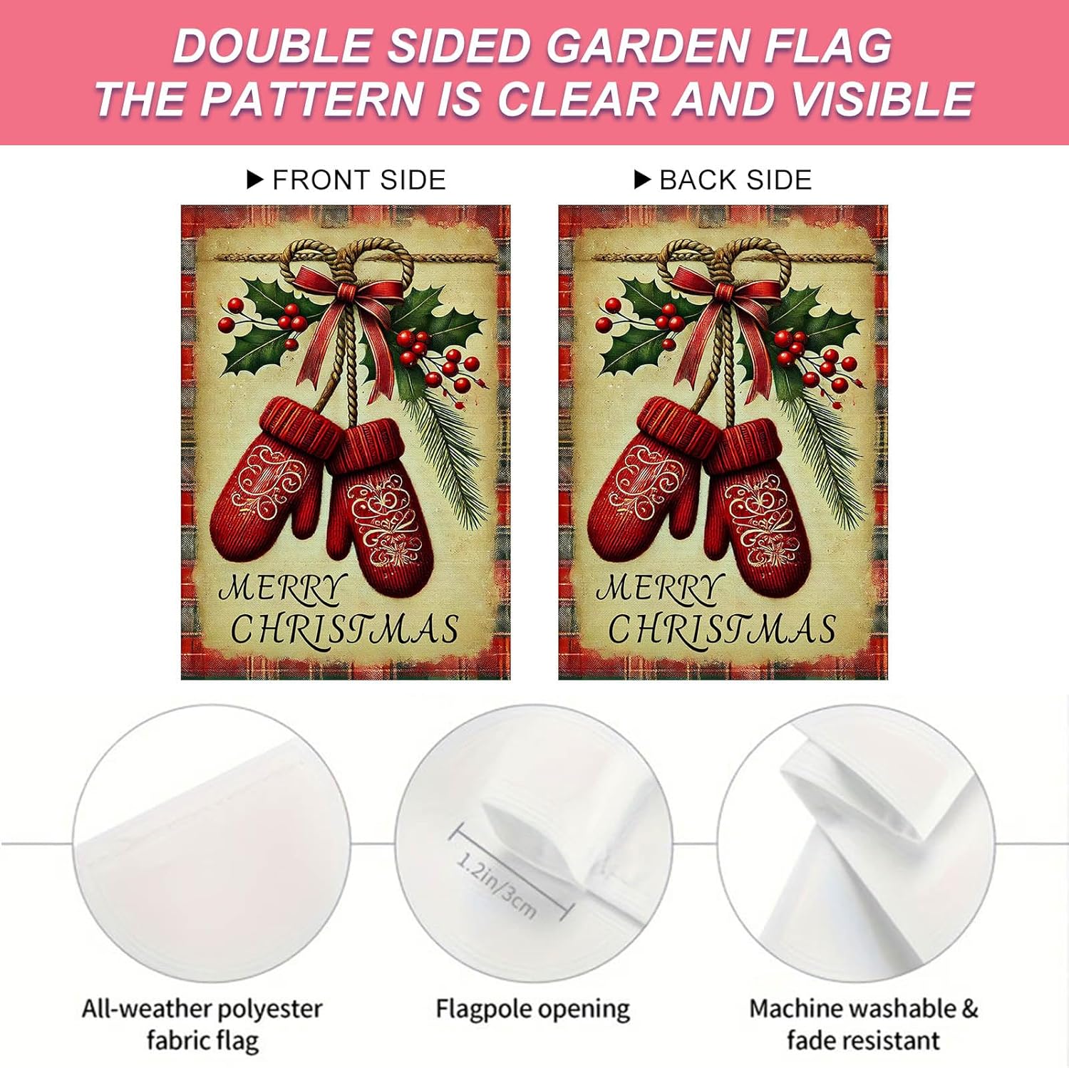 Christmas Garden Flag 12x18 Inch Welcome Red Mittens Holly Yard Flag Double Sided Holiday Outdoor Banner with Plaid and Pine for Winter Porch Lawn Patio - Image 4