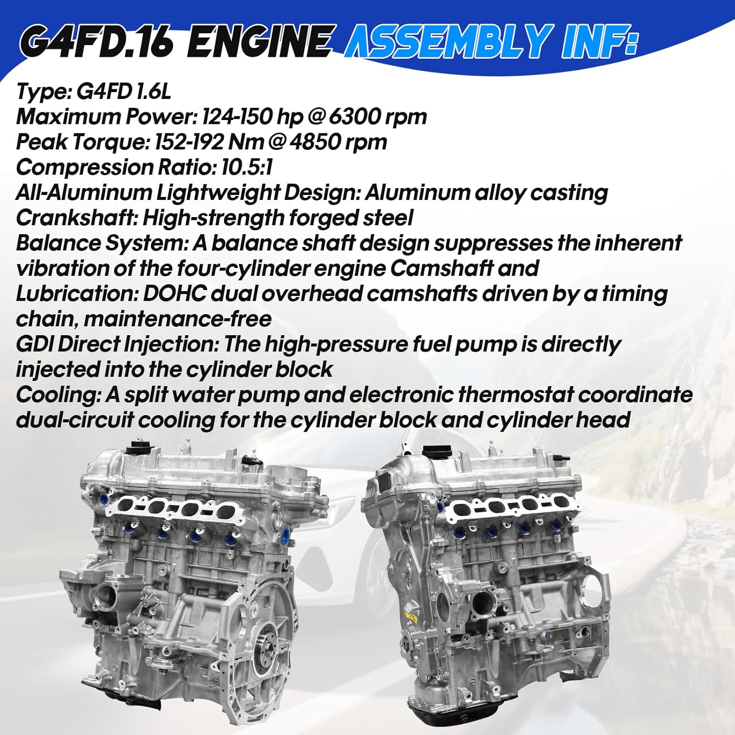 G4FD Engine Assembly for 2012-2017 Hyundai Accent, Veloster for Kia Soul, Rio, Fits 1.6L 1591CC GAS Long Block Engine, OE Standard DIY Engine Replacement Parts