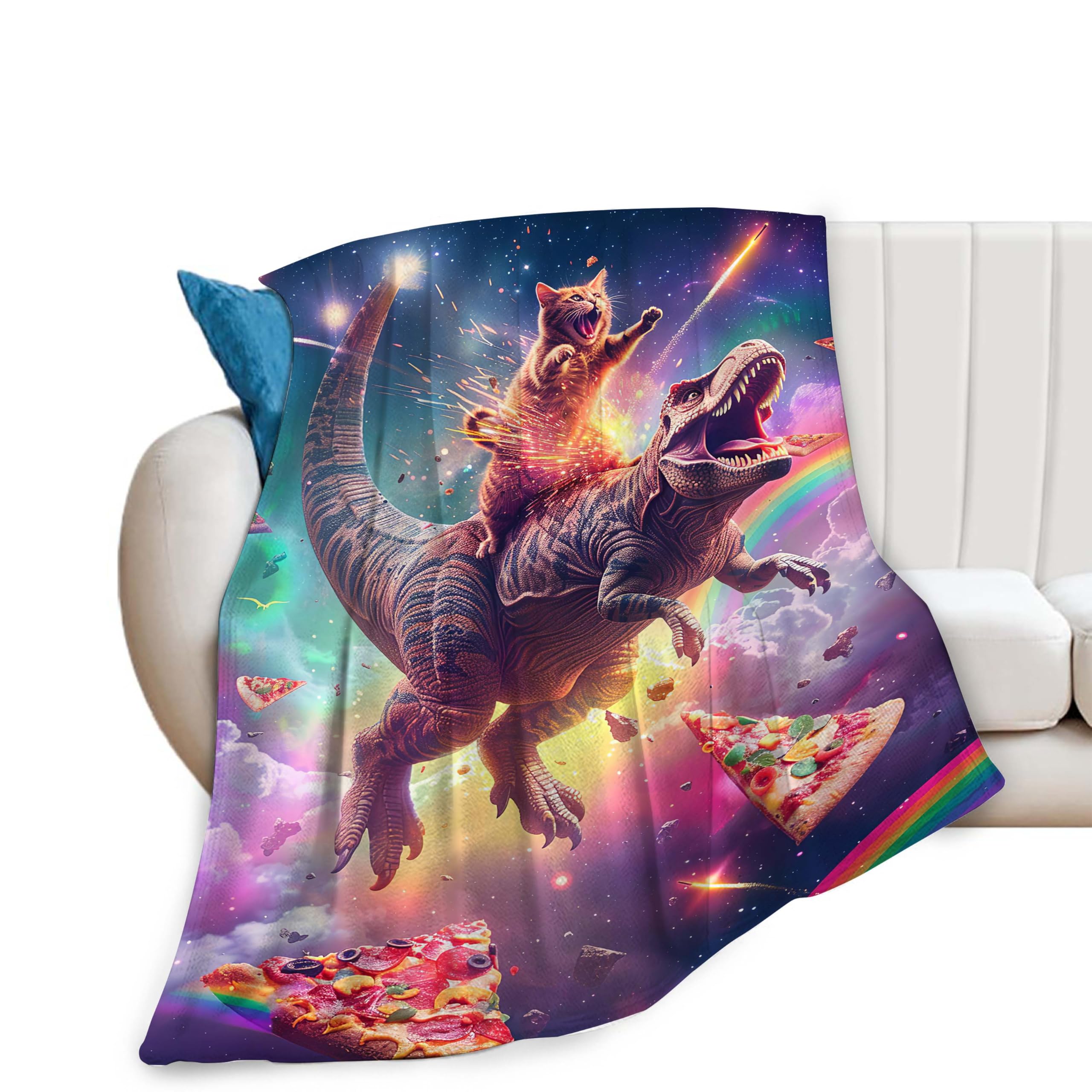 Fuzawet Funny Dinosaur and Cat Throw Blanket Universe Rainbow Pizza Plush Fleece Soft Cozy Dino Cat Gifts Blanket for Kids Girls Boys Adults Couch Bed Chair Office Dorm Decor 40''X50'' โ image 1