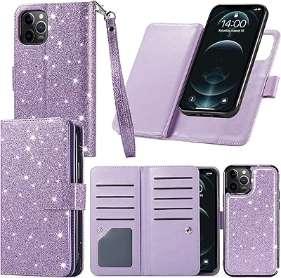 Varikke iPhone 12 Wallet Case, iPhone 12/ Pro Case with Card Holder & Magnetic Detachable Cover & Kickstand & Lanyard Glitter PU Leather Flip Phone Wallet Case for iPhone 12 Pro [6.1