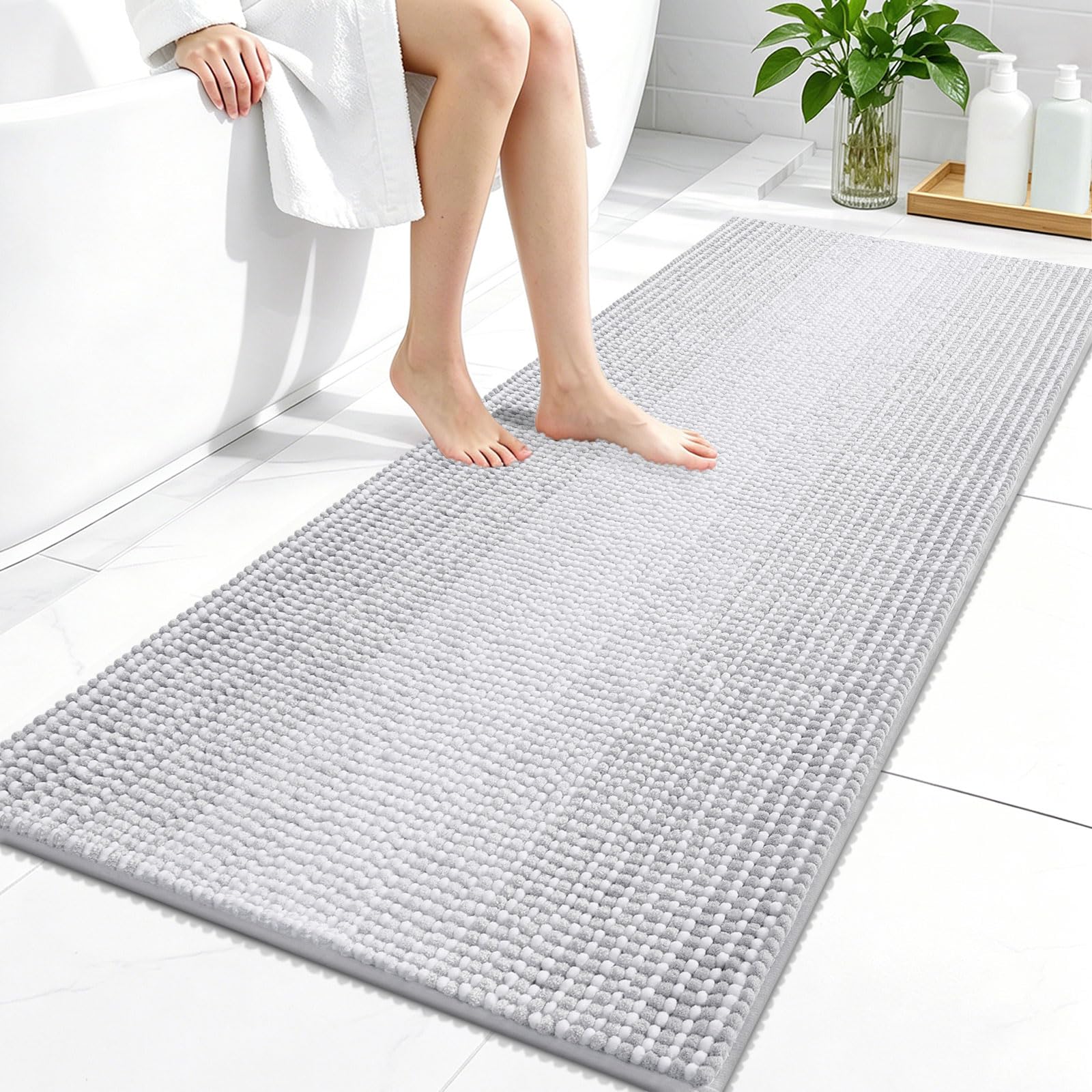 OLANLY Bathroom Runner Rugs 47x24, Chenille Striped Bath Rugs, Light Grey