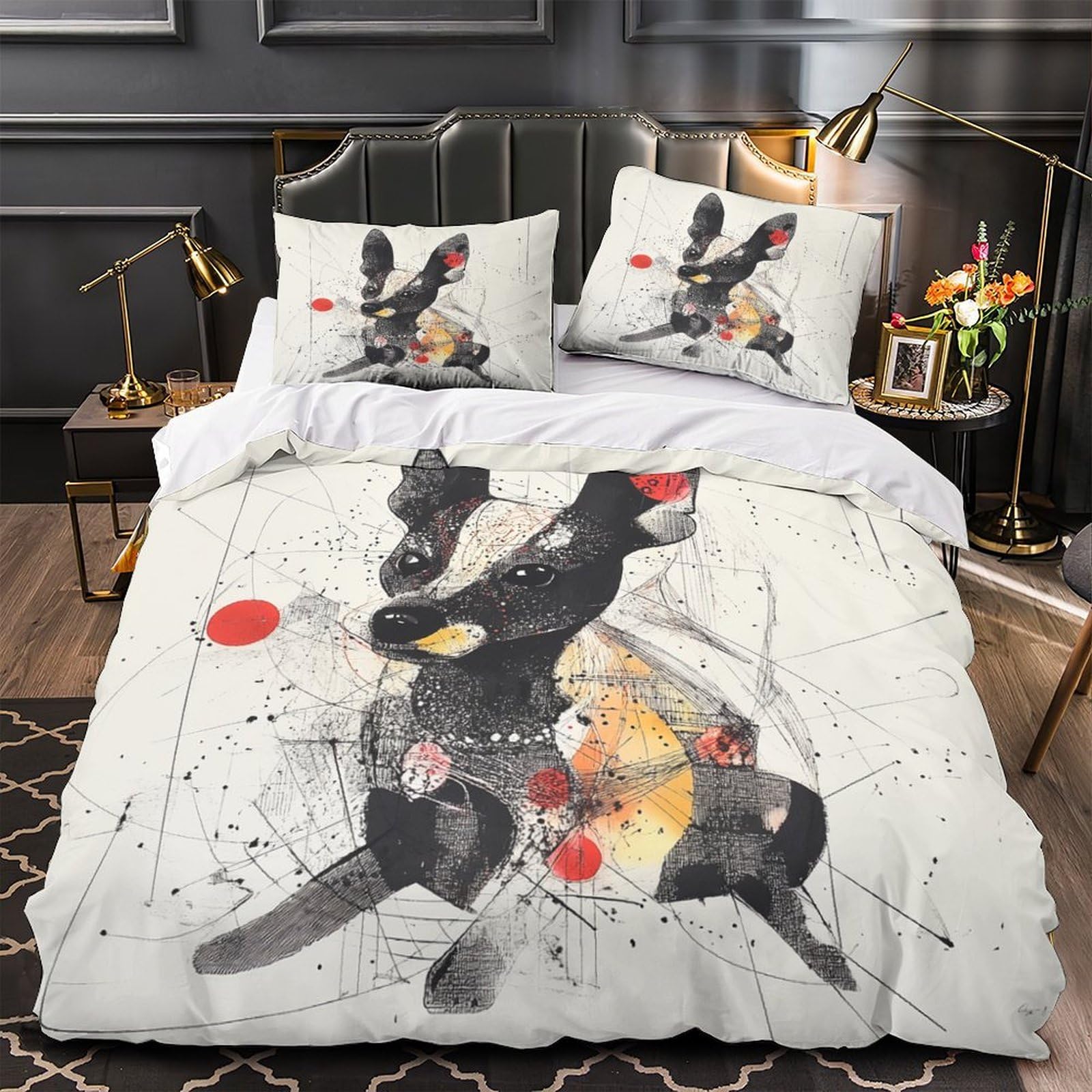 Housse de couette 3D chien abstrait en microfibre anti-transpiration zip king 220x240