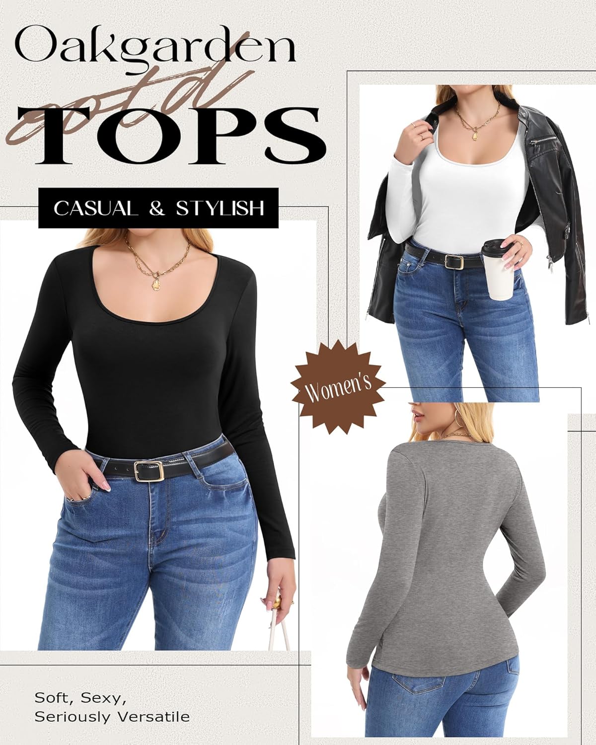 4 Pack Women's Long Sleeve Shirts Scoop Neck Slim Fitted T-Shirt Tight Sexy Lightweight Casual Tops Y2k Basic Tee - Image 4