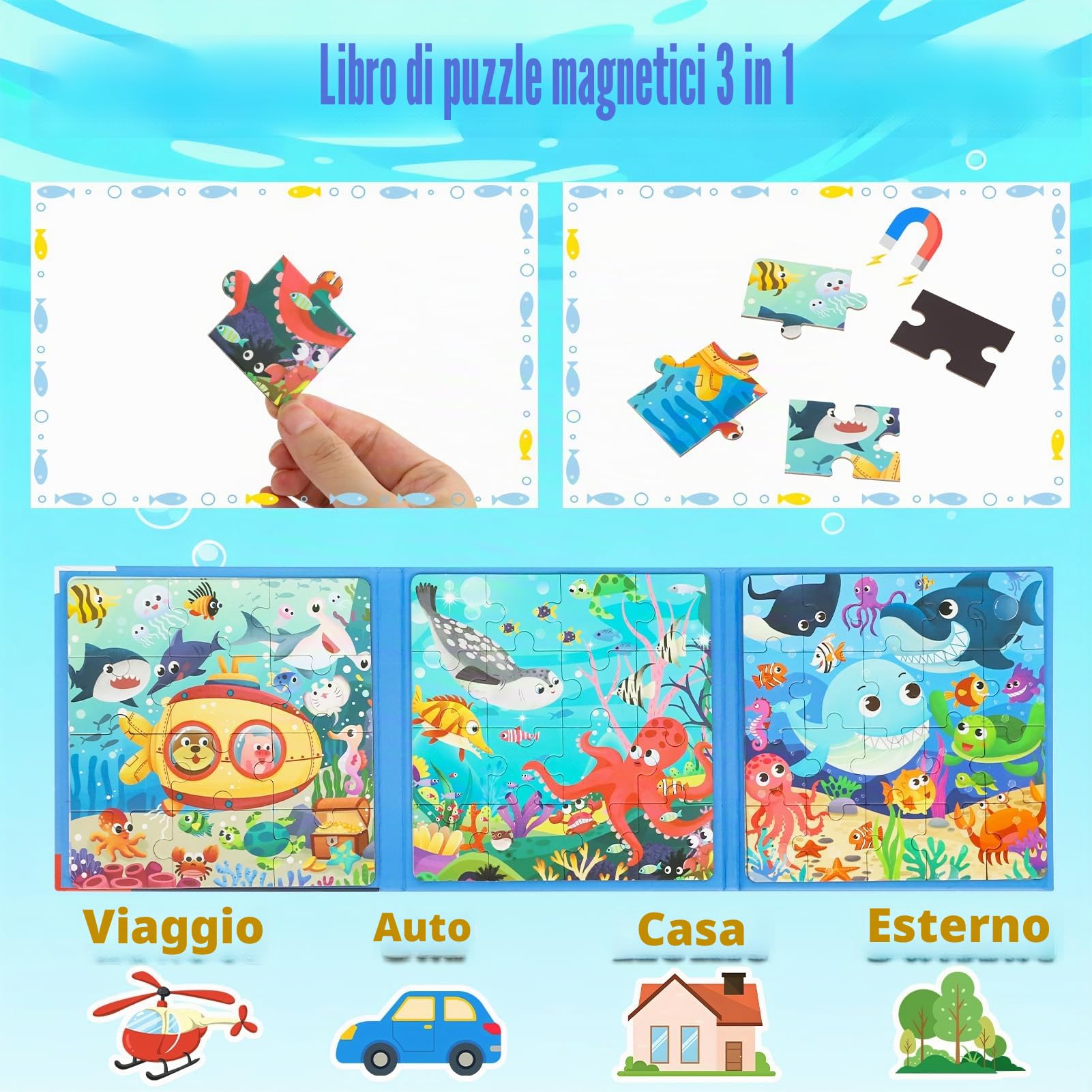 Puzzle magnetici per bambini 3 Anni, 2 Set Puzzle Magnetico Giochi a Tema Fattoria e Oceano, Giochi da Viaggio Gioco Educativi, Giocattolo in Aereo Auto Treno, Regali Di Compleanno