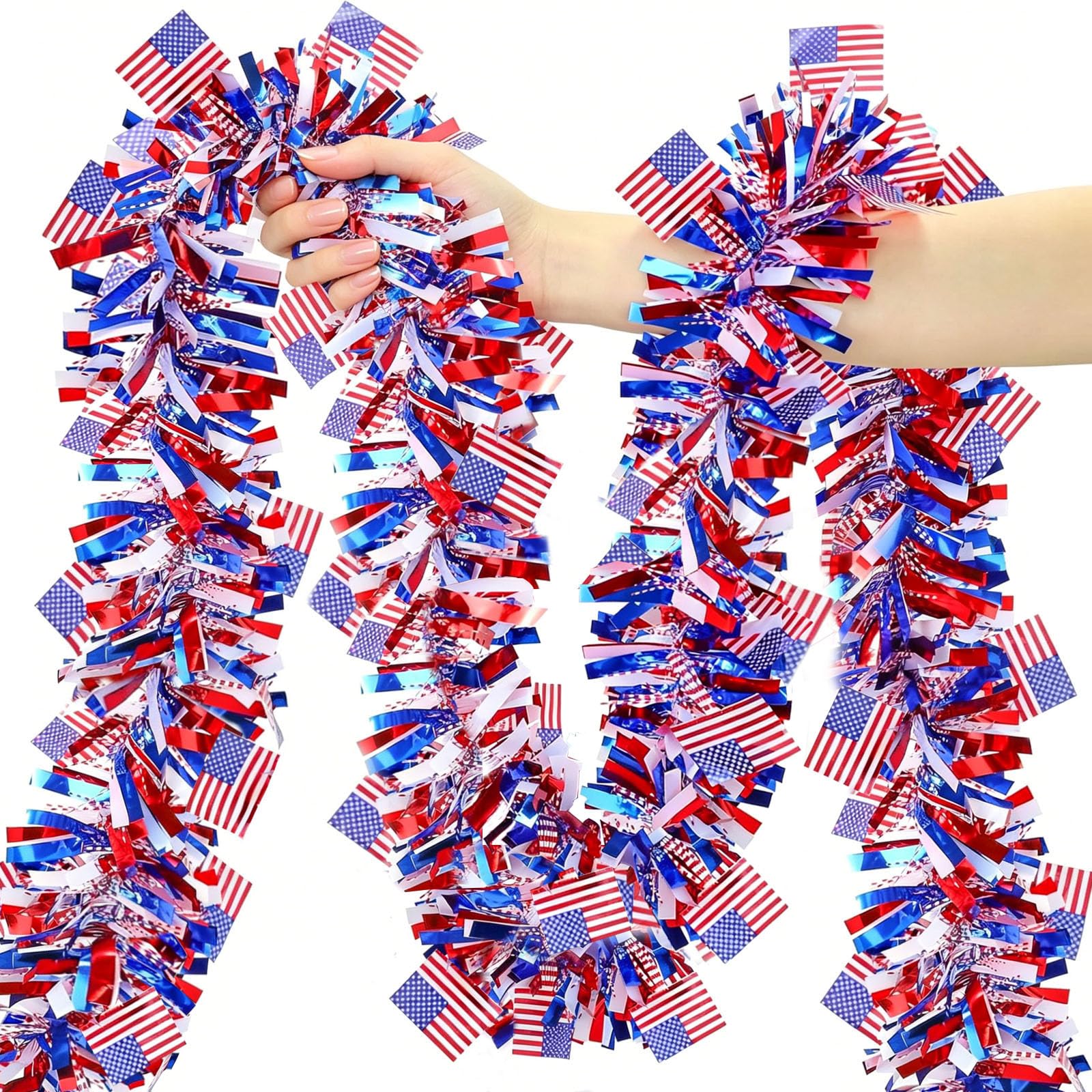 50FT 4th of July Garland Red White and Blue Tinsel Garland Patriotic Flags Garland for Red White and Blue Memorial Day Decor Independence Day 4th of July Decorations