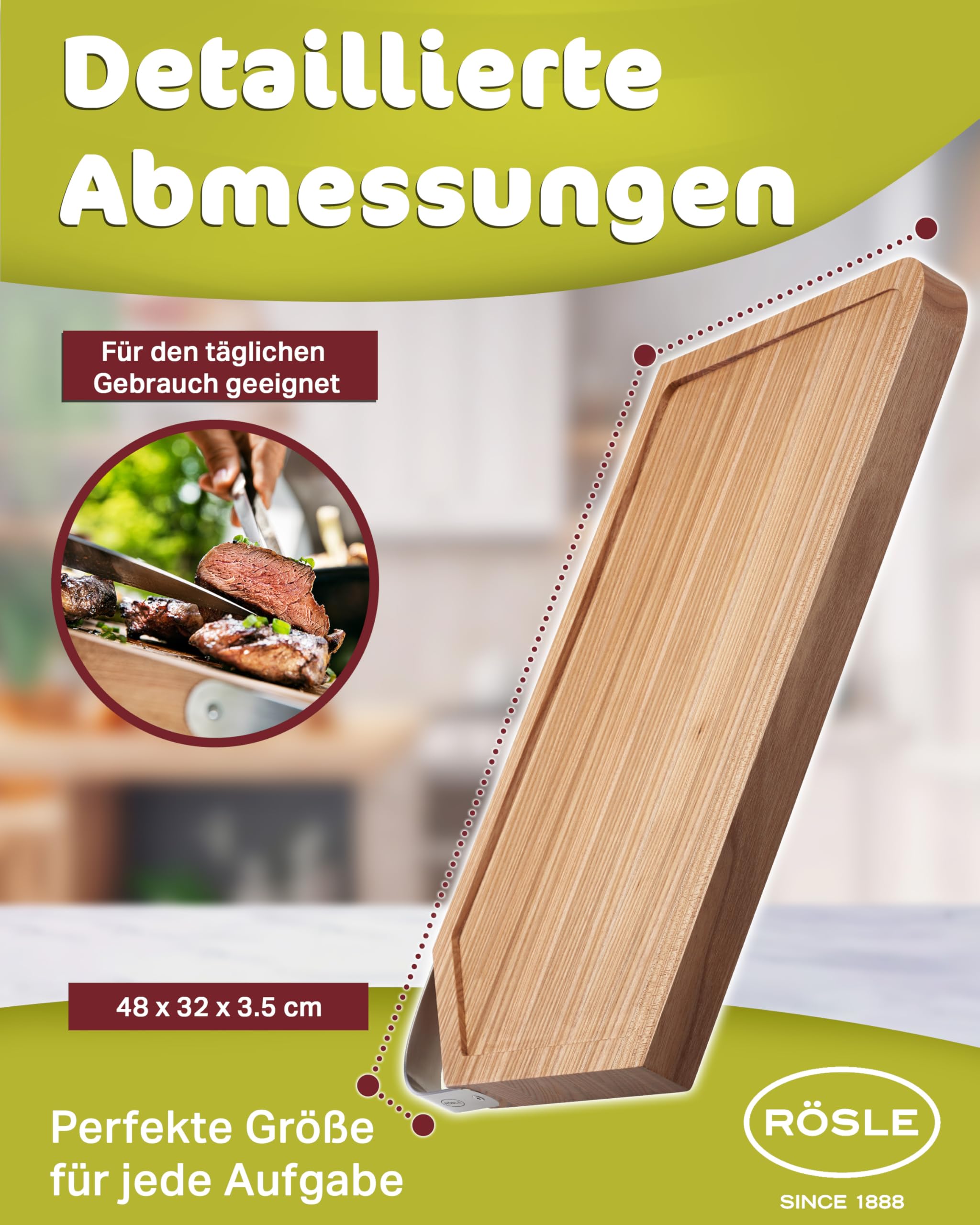 RÖSLE Schneidebrett mit Edelstahlgriff, 48x32cm, Hochwertiges Schneidebrett Holz aus robustem Ulmenholz, Holzschneidebrett für universellen Einsatz, rutschfestes Küchenbrett und Servierbrett