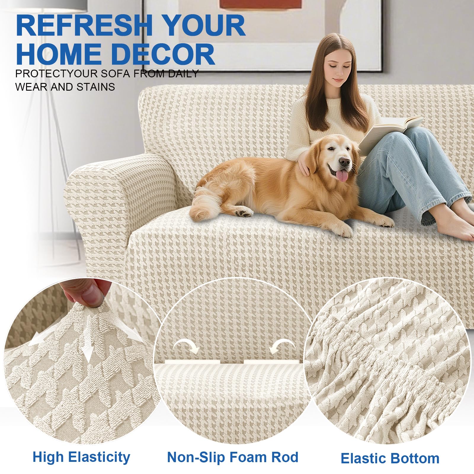 YSTELLAA Elasticas Funda Sofa 3 Plazas con Reposabrazos, Universal Fundas De Sofa Ajustables, Gruesa, Antideslizante, Antiarañazos, Antimanchas, Confort Suavidad, Beige
